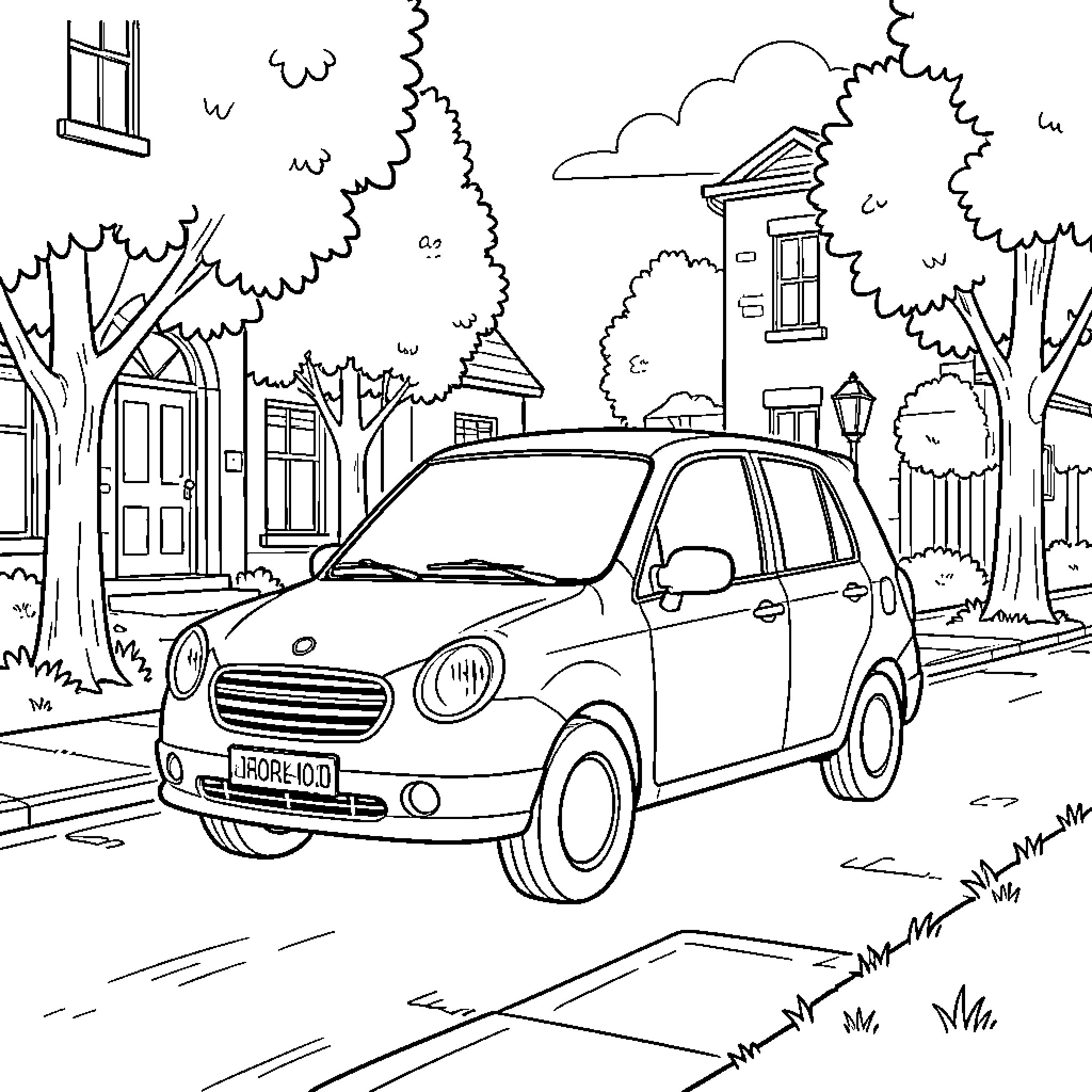 Car parked on a quiet residential street Coloring Page (free black-and-white line drawing printable PDF for all, from beginners to advanced learners, including children, teens, adults, and seniors)