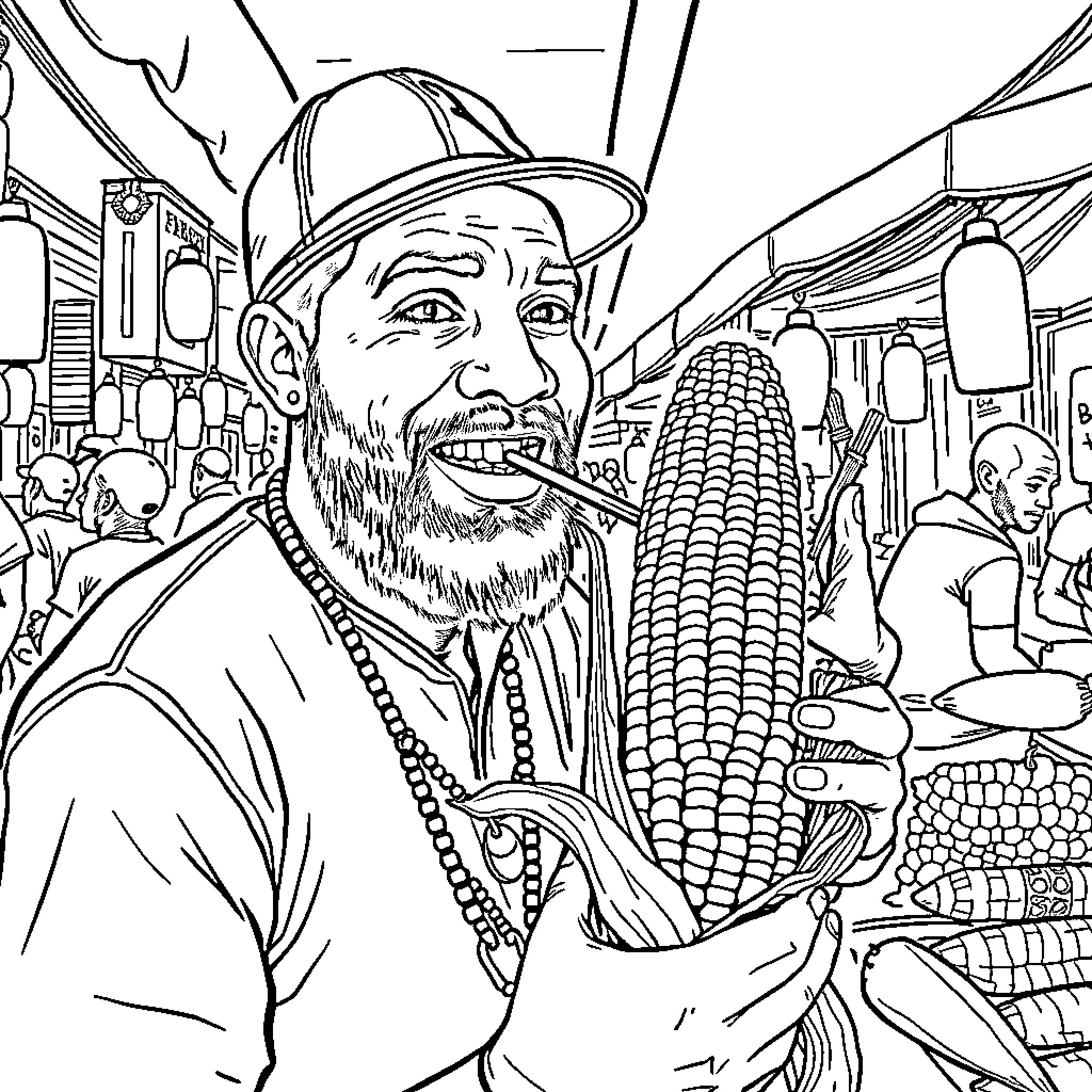 Bhutta vendor smiling at the bustling market Coloring Page (free black-and-white line drawing printable PDF for all, from beginners to advanced learners, including children, teens, adults, and seniors)