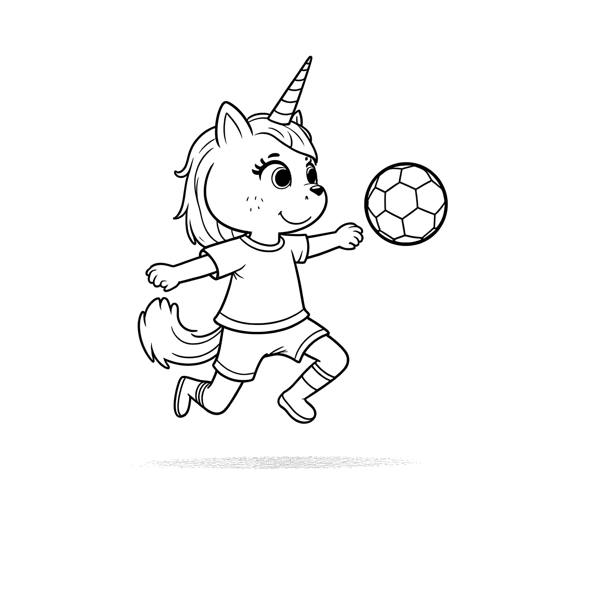 Unicat playing with soccer ball Coloring Page (free black-and-white line drawing printable PDF for all, from beginners to advanced learners, including children, teens, adults, and seniors)