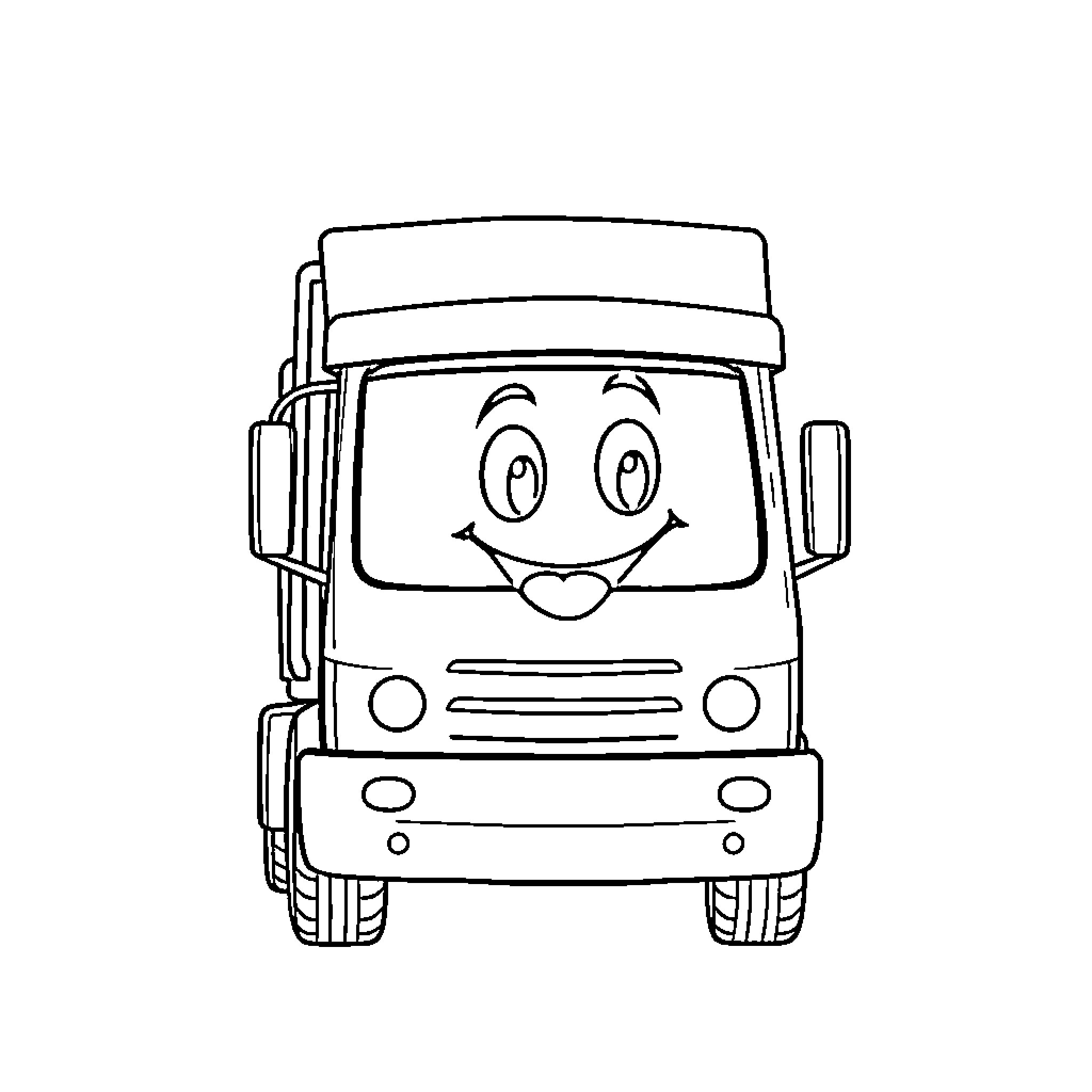 Garbage Truck with Smiling Face Coloring Page (free black-and-white line drawing printable PDF for all, from beginners to advanced learners, including children, teens, adults, and seniors)