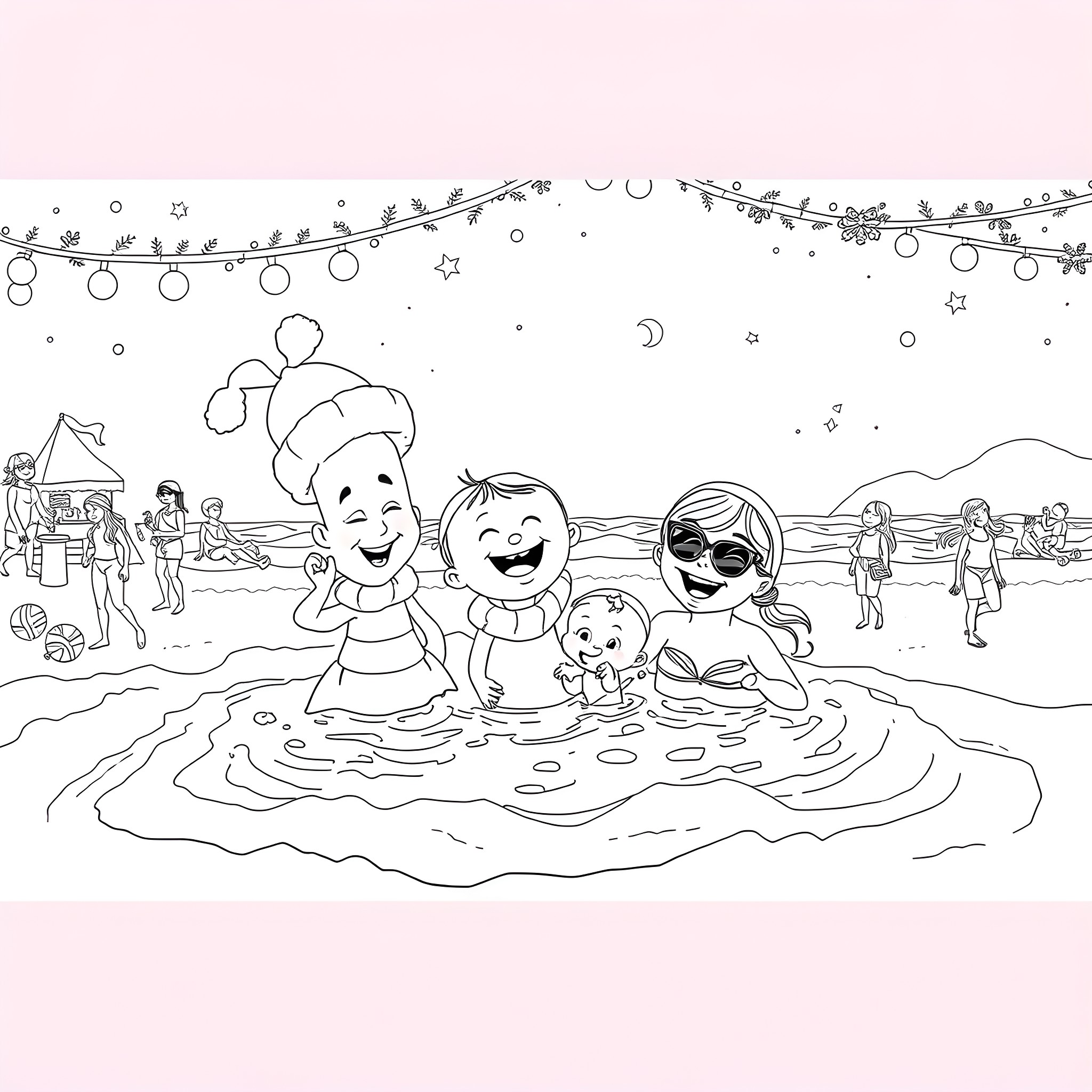 Bluey and family having fun at the beach Coloring Page (free black-and-white line drawing printable PDF for all, from beginners to advanced learners, including children, teens, adults, and seniors)