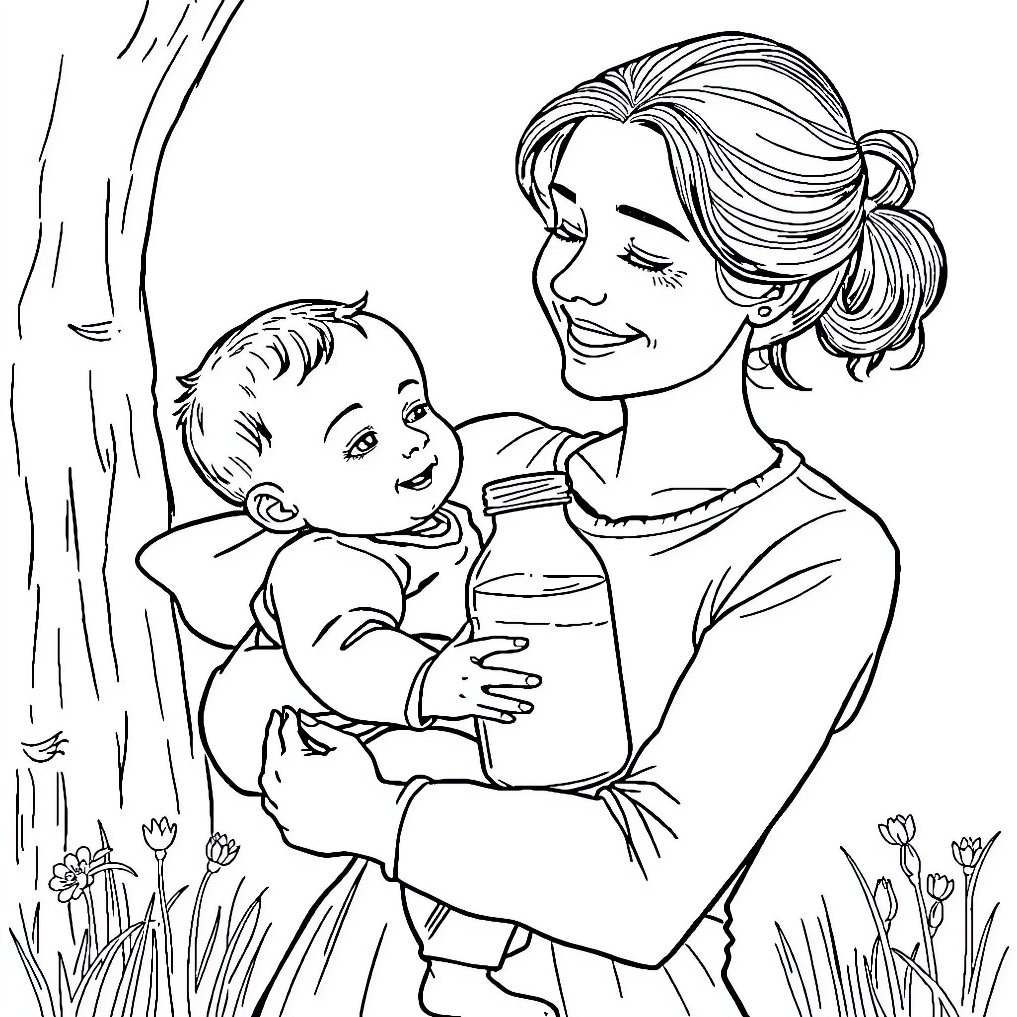 Mother tenderly holding and comforting her child Coloring Page (free black-and-white line drawing printable PDF for all, from beginners to advanced learners, including children, teens, adults, and seniors)