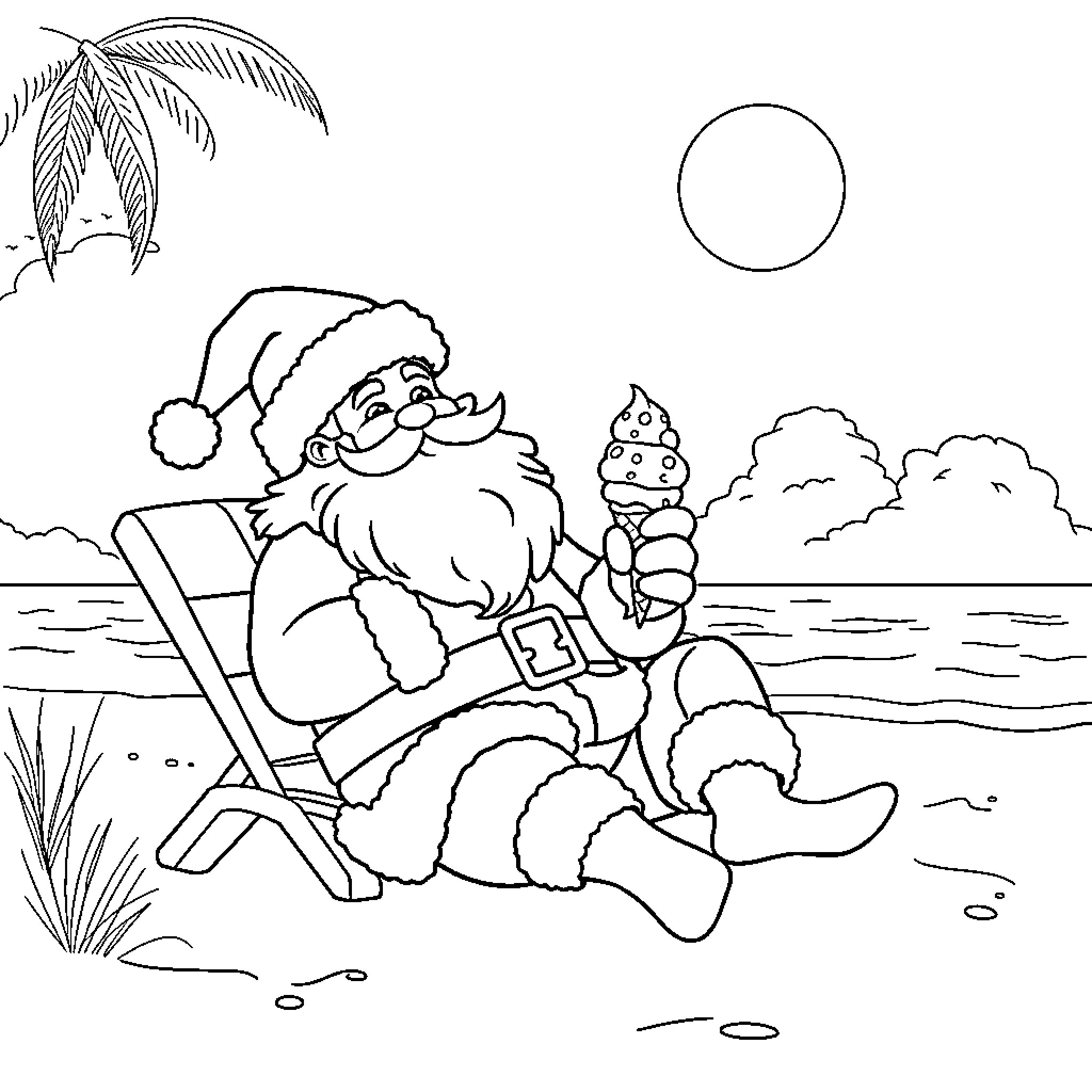 Santa relaxing on the beach with ice cream Coloring Page (free black-and-white line drawing printable PDF for all, from beginners to advanced learners, including children, teens, adults, and seniors)