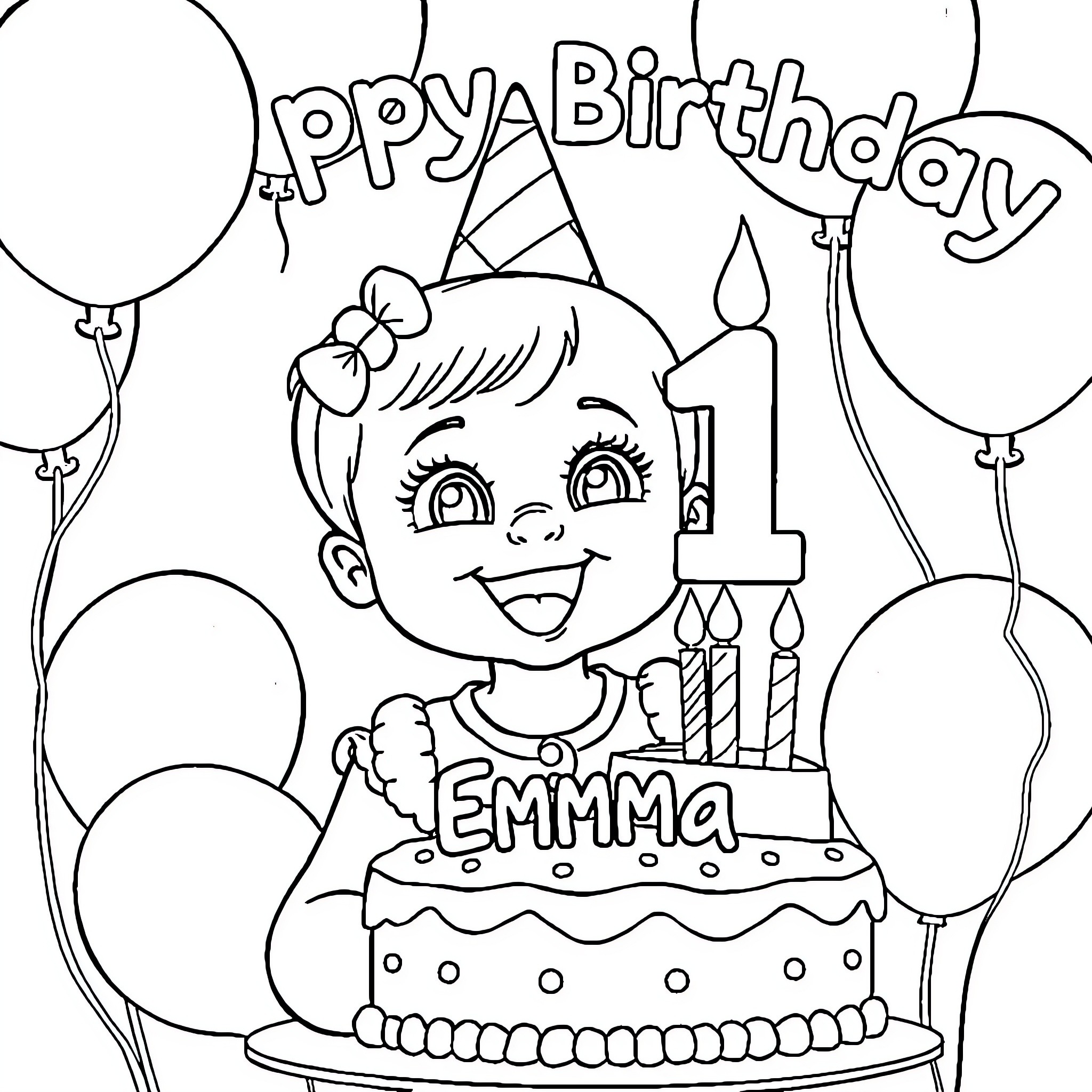 Girl celebrating her first birthday with cake and balloons Coloring Page (free black-and-white line drawing printable PDF for all, from beginners to advanced learners, including children, teens, adults, and seniors)