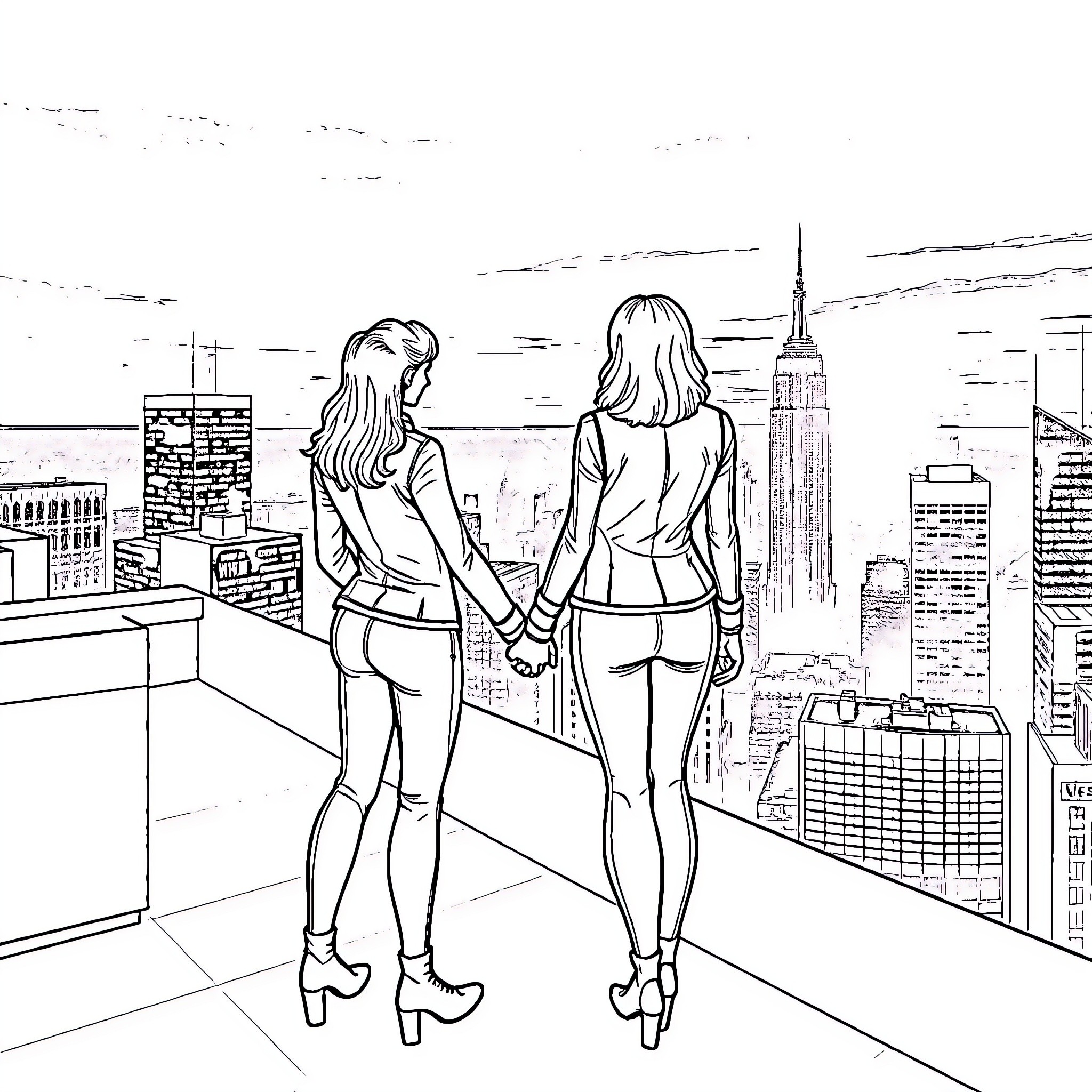 Natasha Romanoff and Friend Admiring New York City Skyline Coloring Page (free black-and-white line drawing printable PDF for all, from beginners to advanced learners, including children, teens, adults, and seniors)