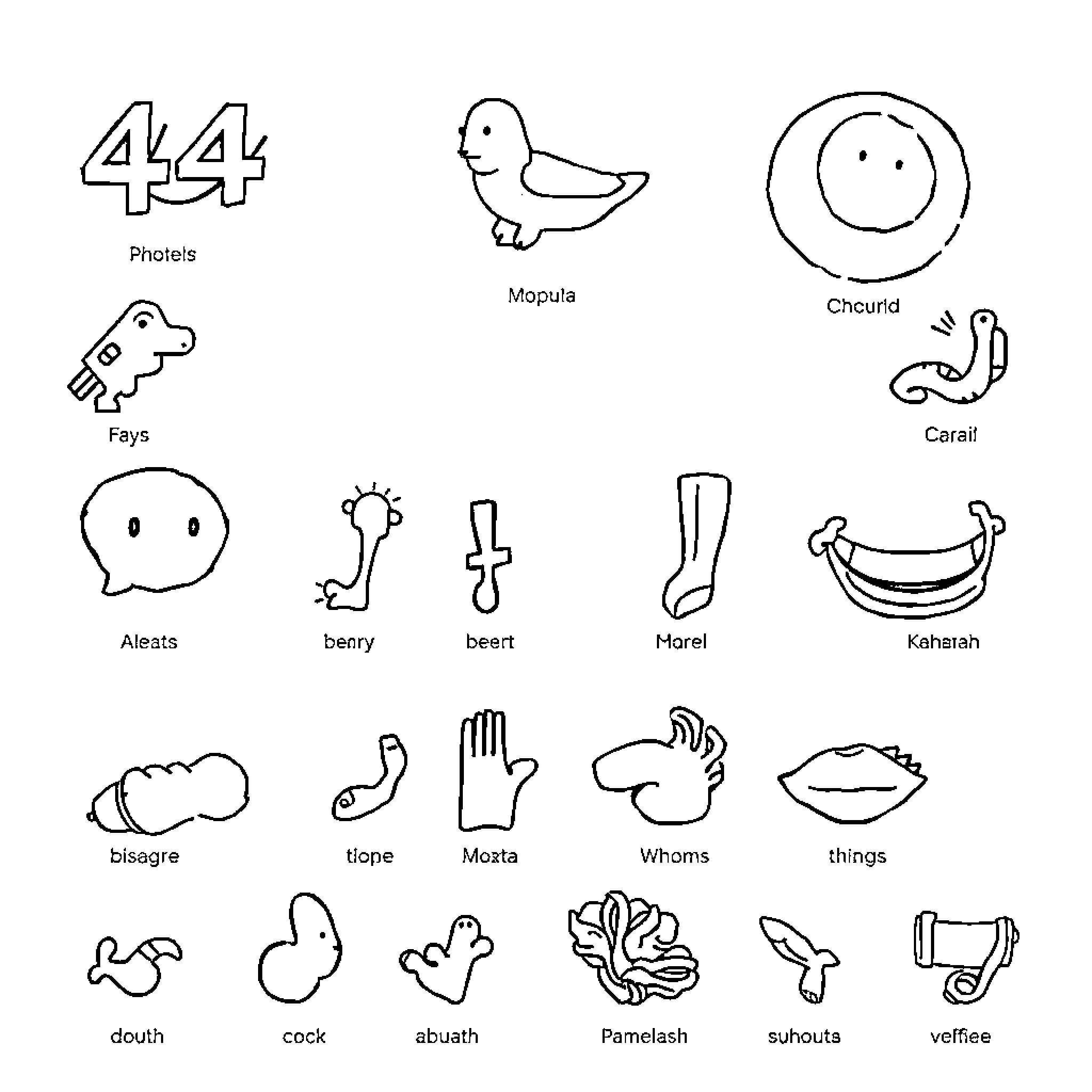 Phoneme Icons of Various Symbols and Objects Coloring Page (free black-and-white line drawing printable PDF for all, from beginners to advanced learners, including children, teens, adults, and seniors)