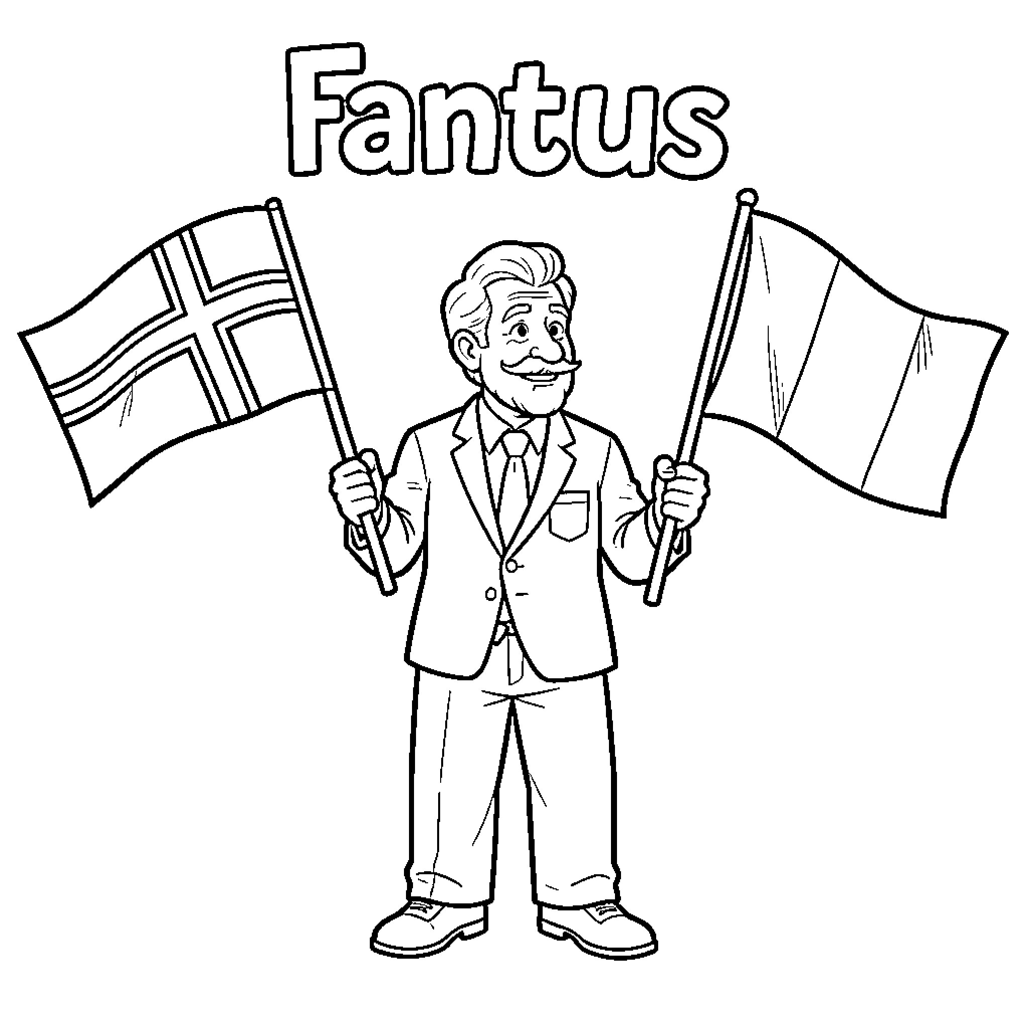 Fantus smiling while holding two different flags Coloring Page (free black-and-white line drawing printable PDF for all, from beginners to advanced learners, including children, teens, adults, and seniors)
