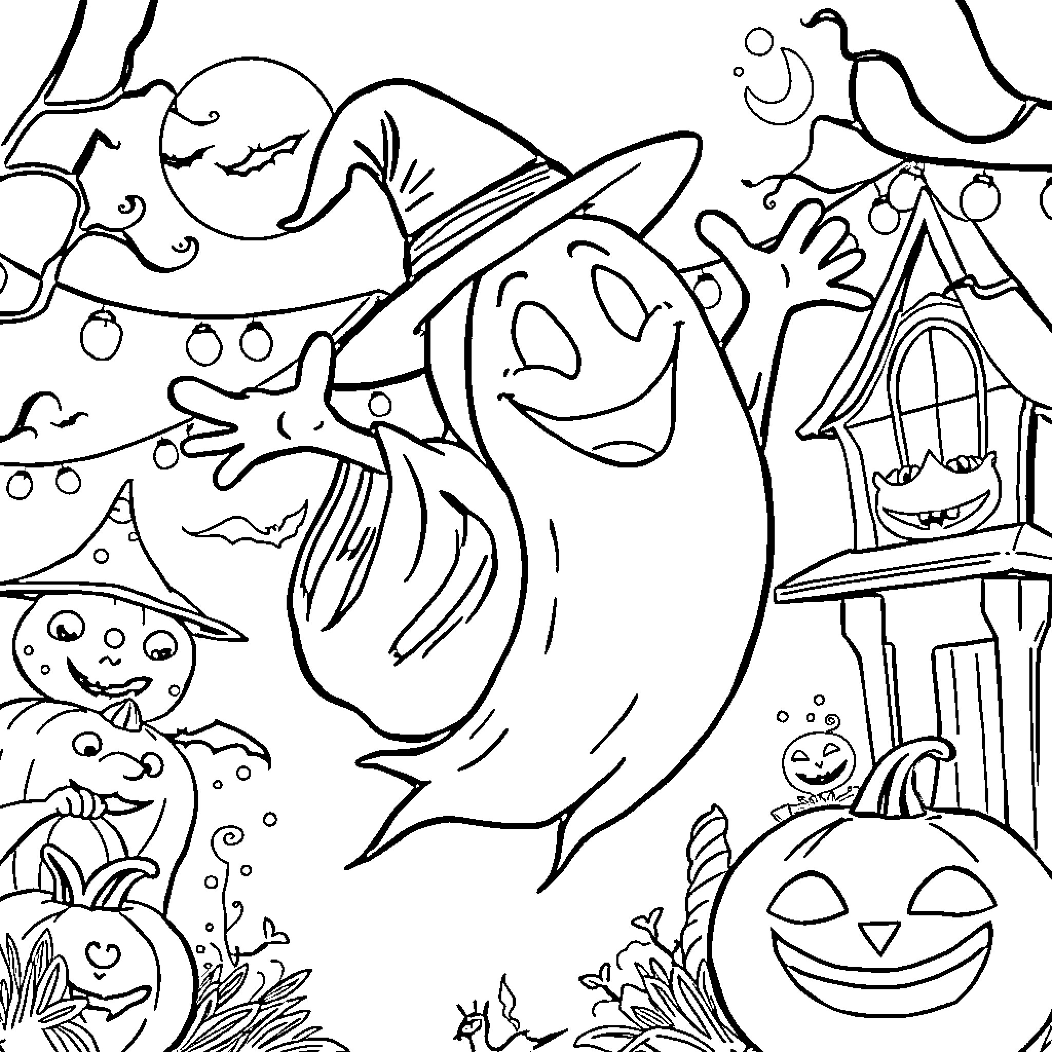 Ghost characters in a whimsical Halloween scene Coloring Page (free black-and-white line drawing printable PDF for all, from beginners to advanced learners, including children, teens, adults, and seniors)