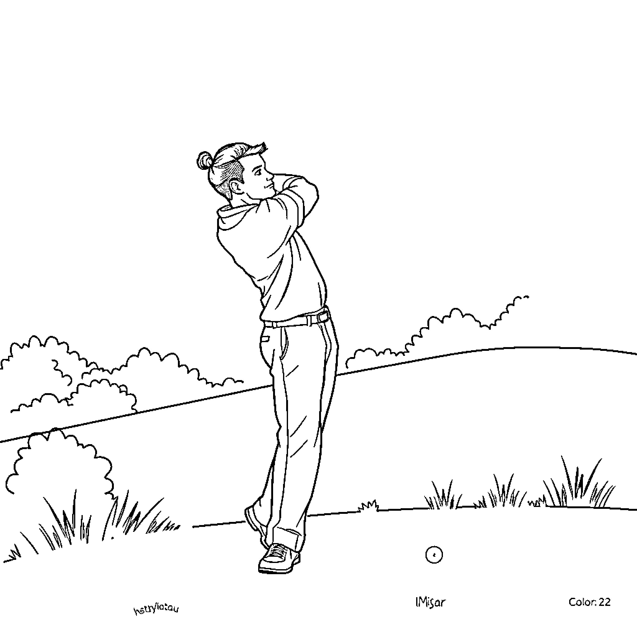 Man golfing on a scenic course Coloring Page (free black-and-white line drawing printable PDF for all, from beginners to advanced learners, including children, teens, adults, and seniors)