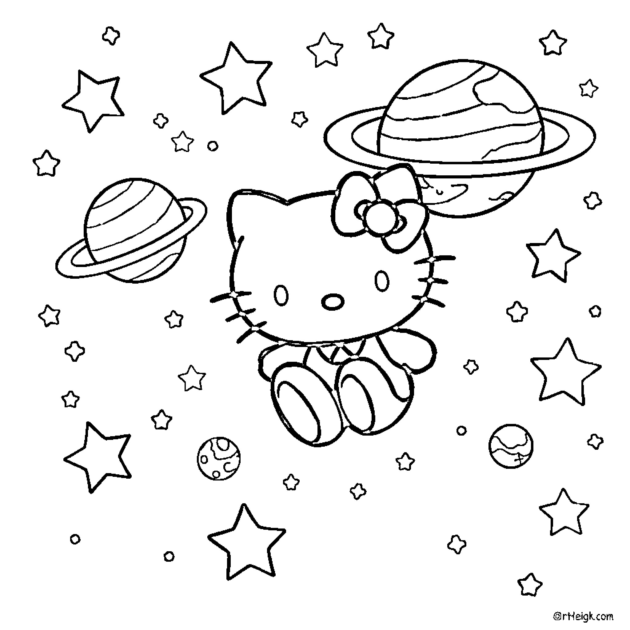 Hello Kitty explores the galaxy with planets and stars Coloring Page (free black-and-white line drawing printable PDF for all, from beginners to advanced learners, including children, teens, adults, and seniors)