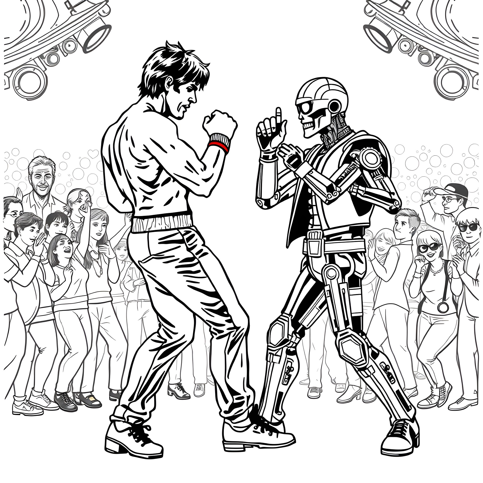 Rocky Fight Between Man and Robot Coloring Page (free black-and-white line drawing printable PDF for all, from beginners to advanced learners, including children, teens, adults, and seniors)