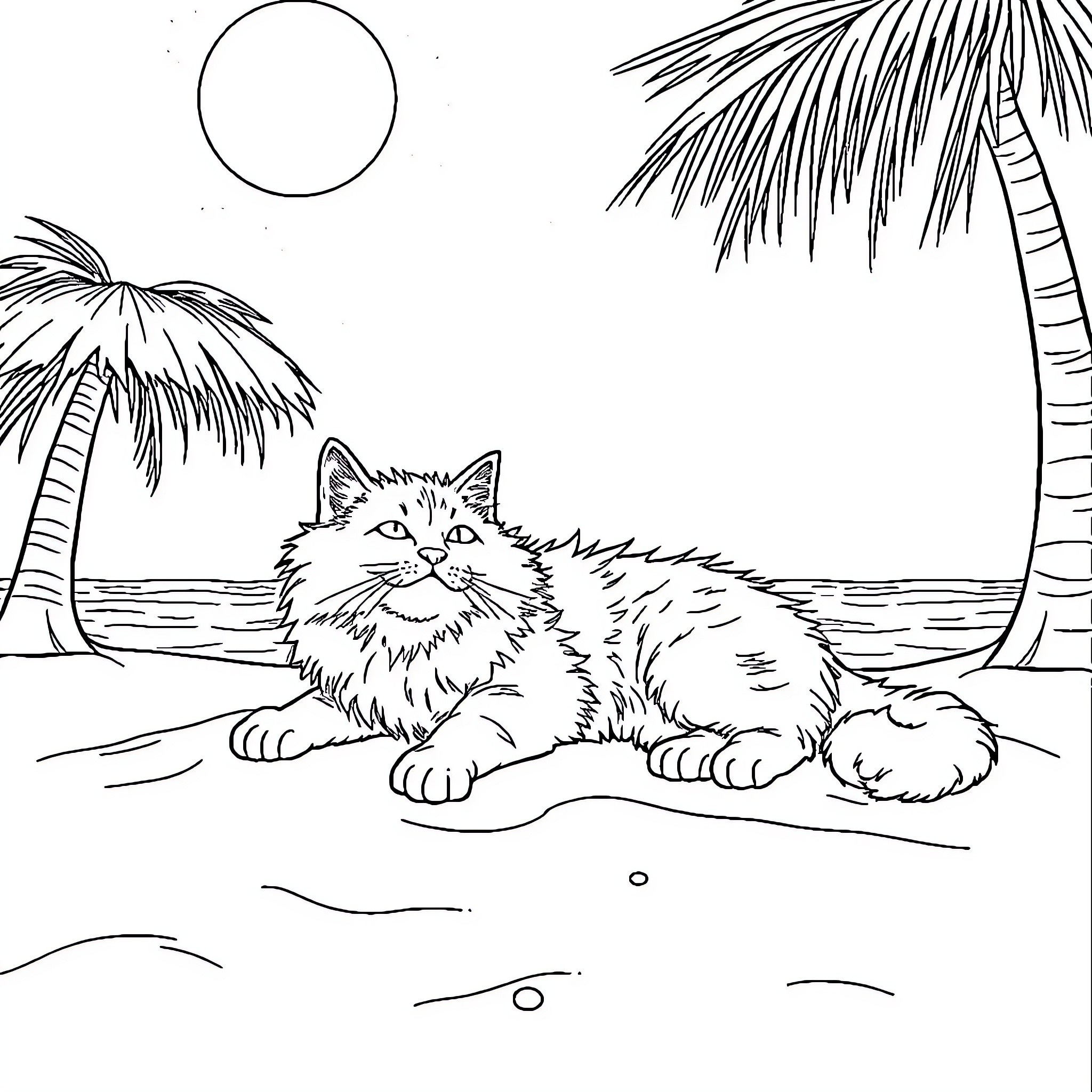 Cat relaxing on a tropical beach Coloring Page (free black-and-white line drawing printable PDF for all, from beginners to advanced learners, including children, teens, adults, and seniors)