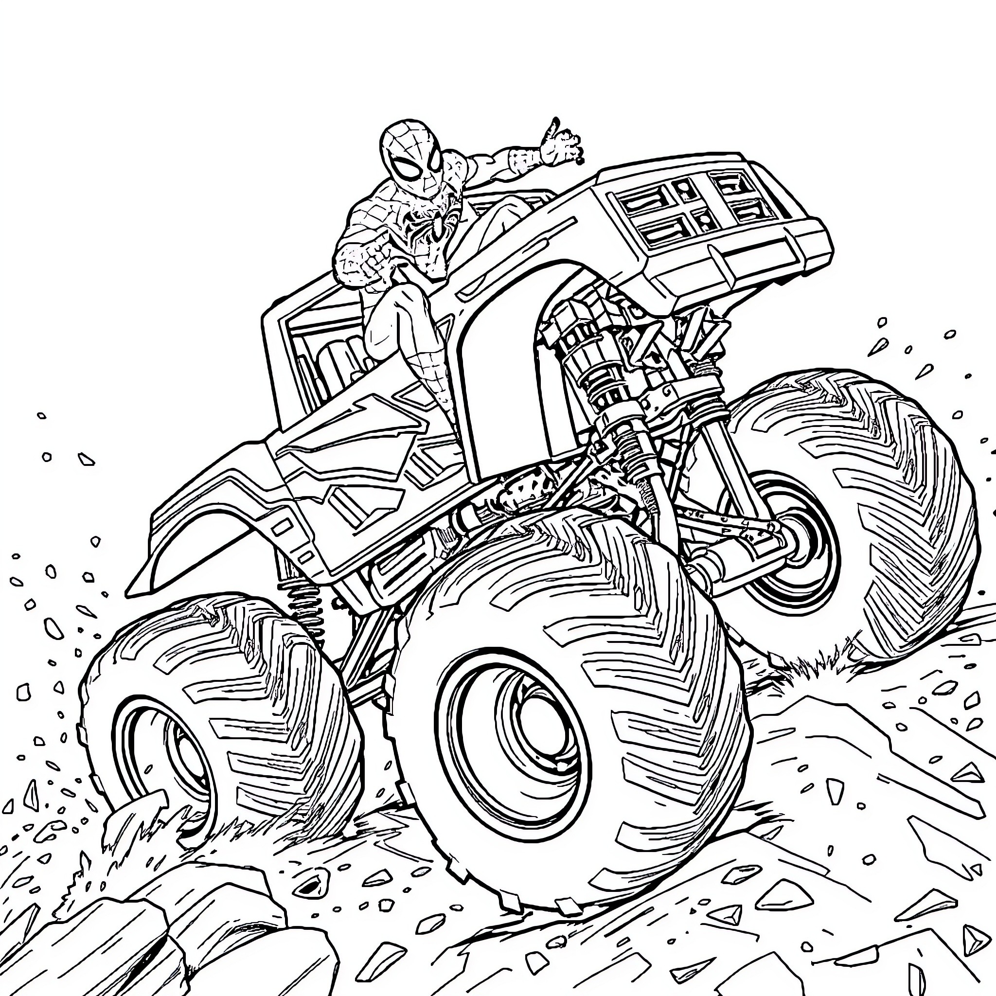 Spiderman riding a monster truck through rugged terrain Coloring Page (free black-and-white line drawing printable PDF for all, from beginners to advanced learners, including children, teens, adults, and seniors)
