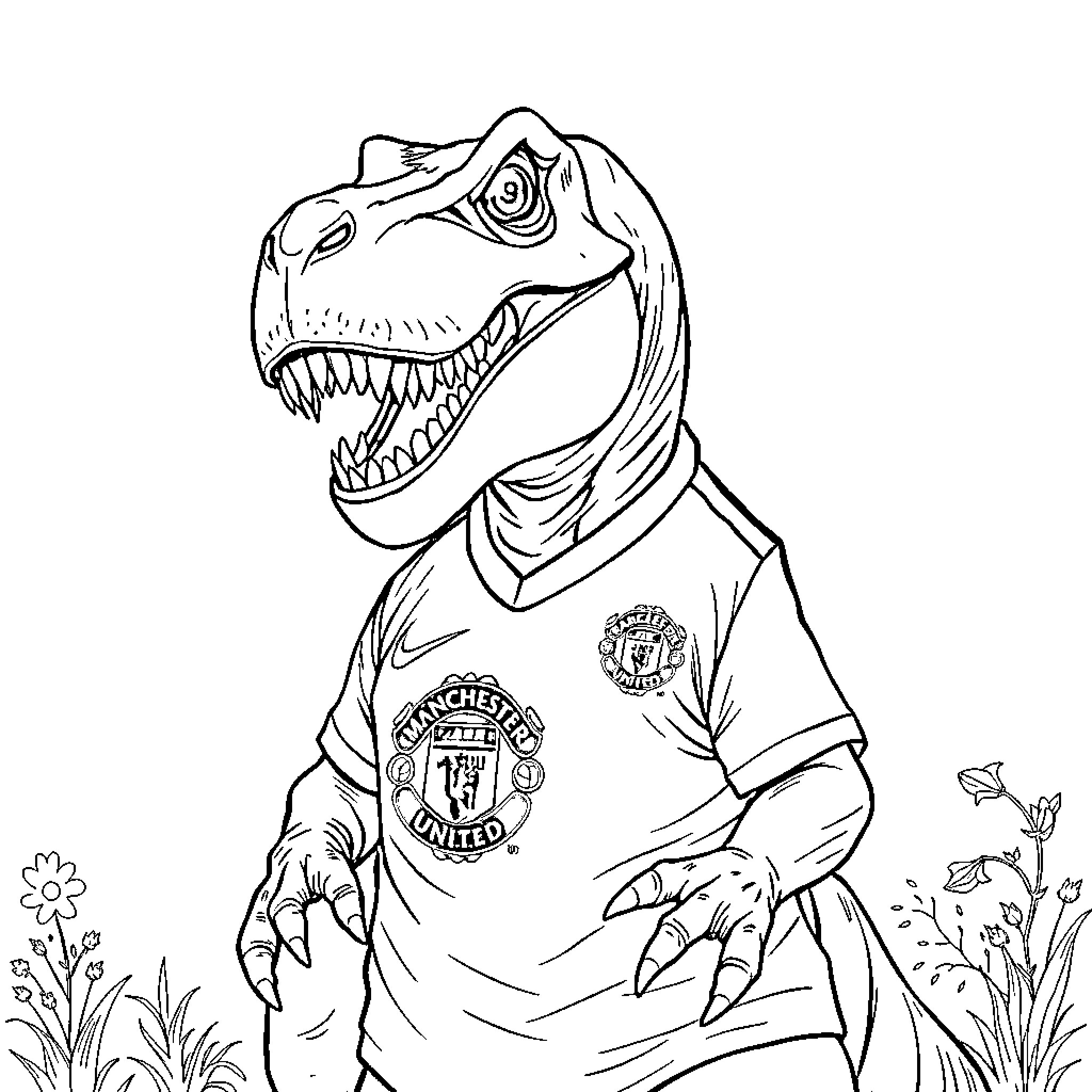 T-Rex Playing Football in the Wild Coloring Page (free black-and-white line drawing printable PDF for all, from beginners to advanced learners, including children, teens, adults, and seniors)
