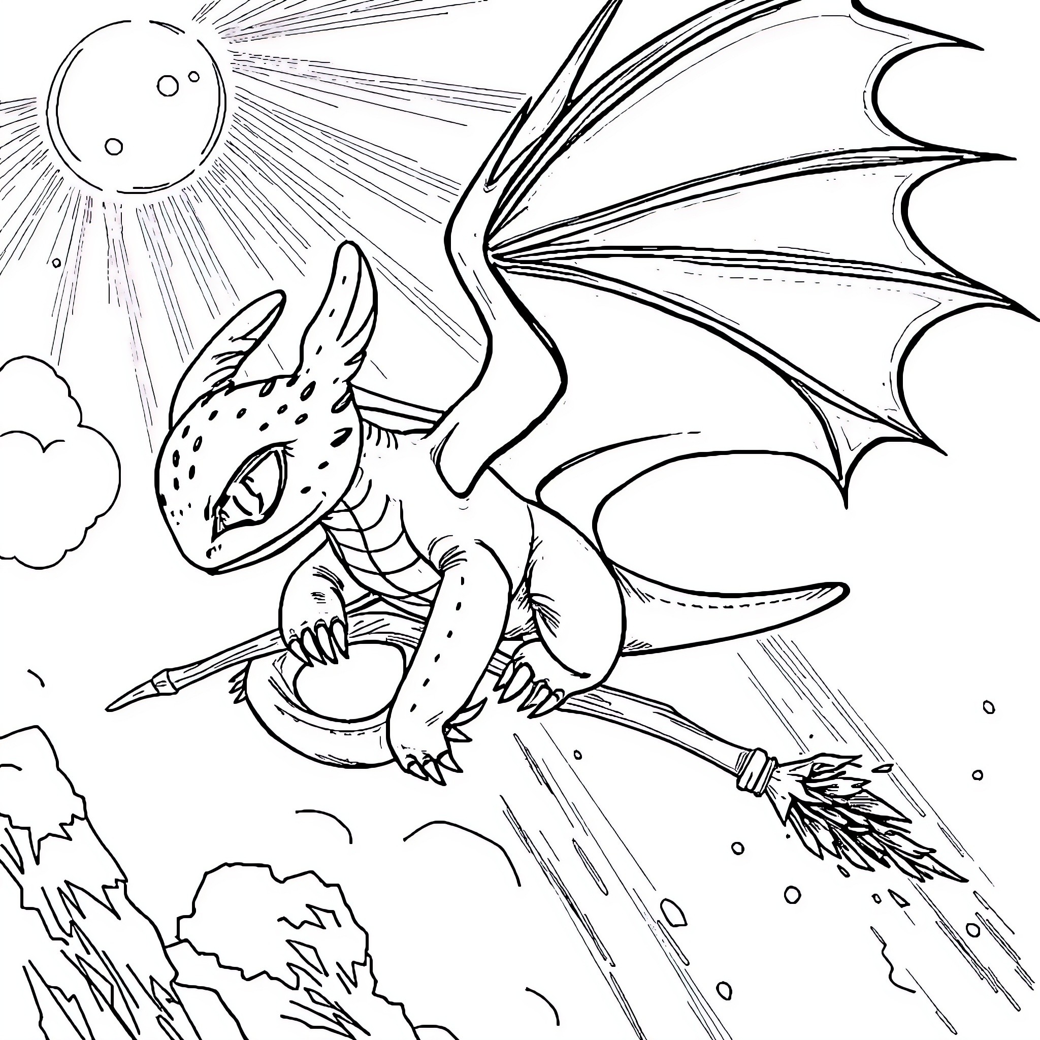 Toothless dragon soaring through the skies Coloring Page (free black-and-white line drawing printable PDF for all, from beginners to advanced learners, including children, teens, adults, and seniors)
