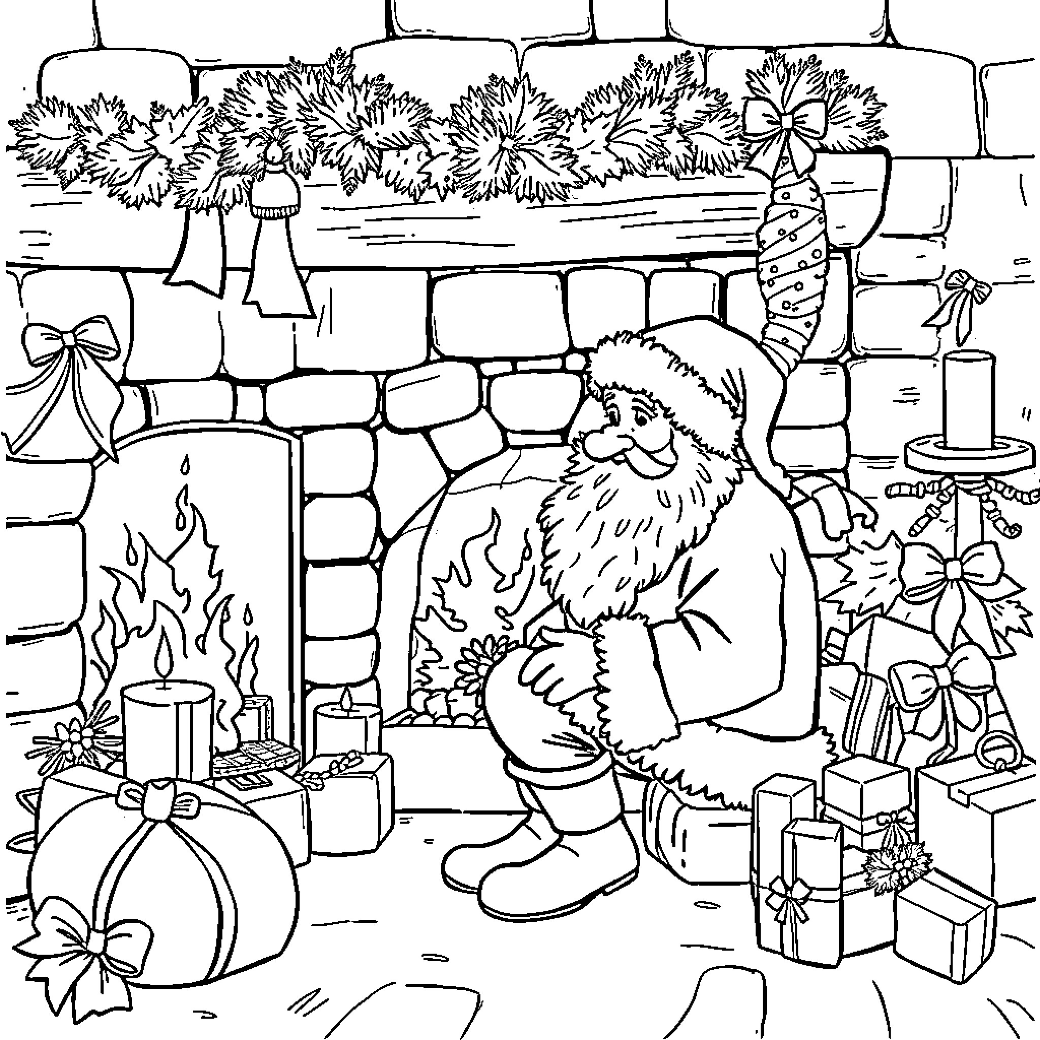 Noel's Cozy Christmas Gathering Coloring Page (free black-and-white line drawing printable PDF for all, from beginners to advanced learners, including children, teens, adults, and seniors)