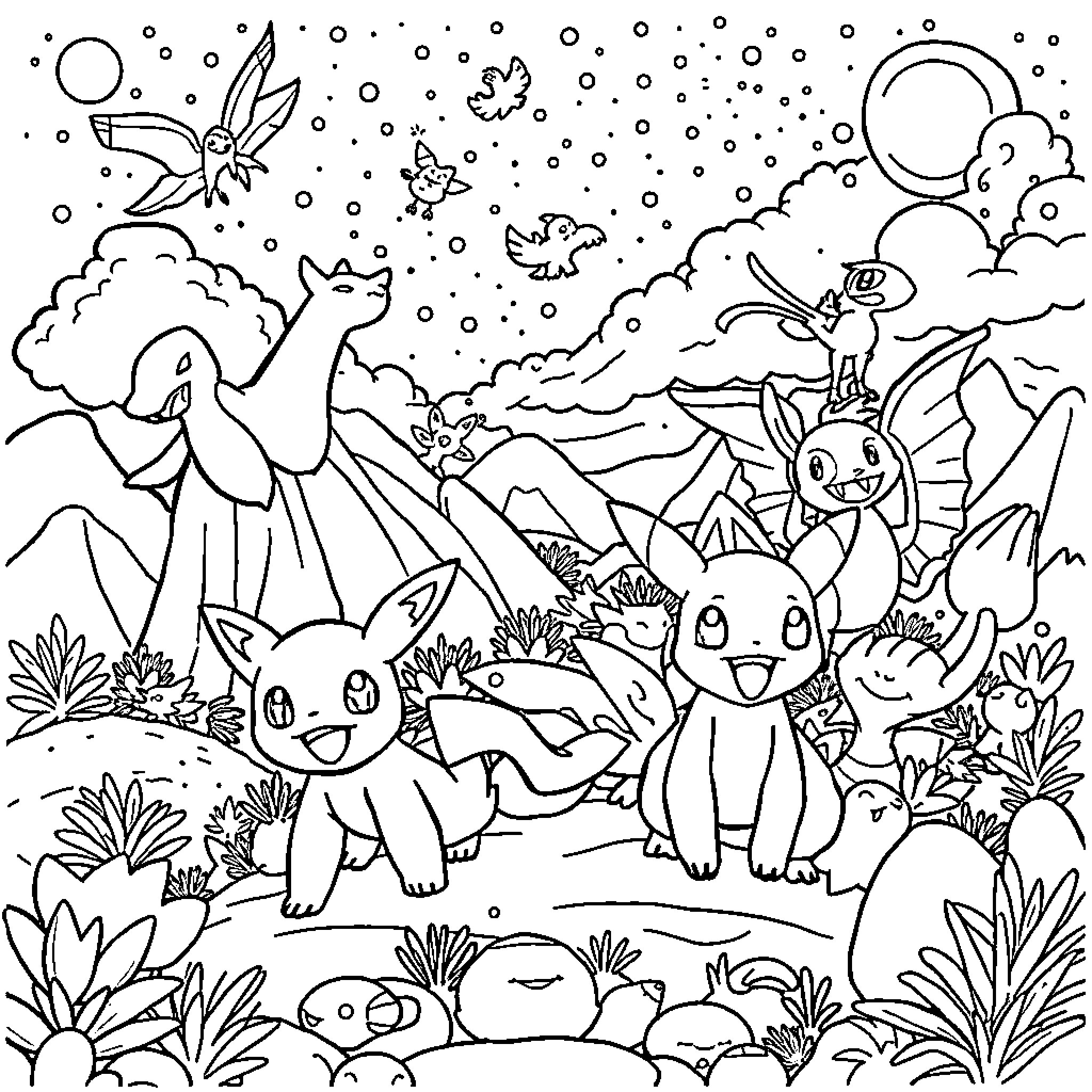 Pokémon characters in a whimsical fantasy landscape Coloring Page (free black-and-white line drawing printable PDF for all, from beginners to advanced learners, including children, teens, adults, and seniors)
