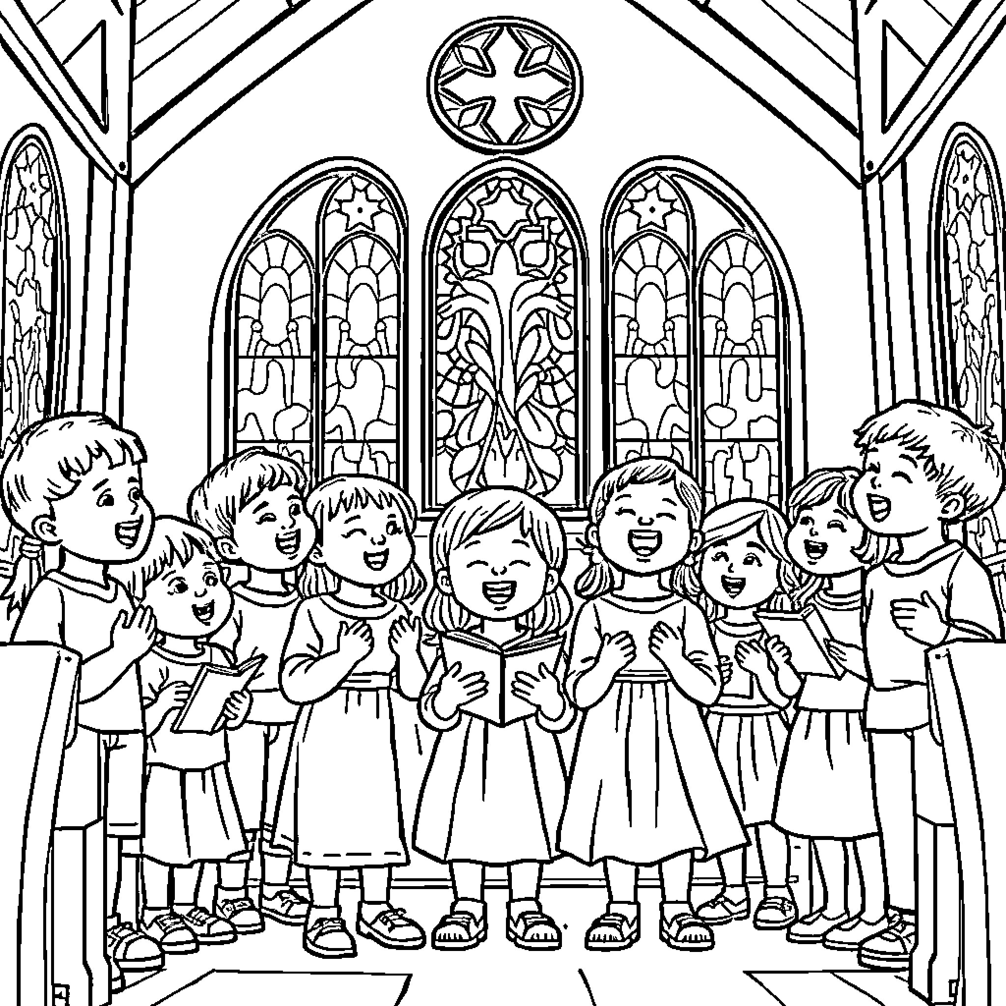 Child Choir Singing in a Cathedral Coloring Page (free black-and-white line drawing printable PDF for all, from beginners to advanced learners, including children, teens, adults, and seniors)