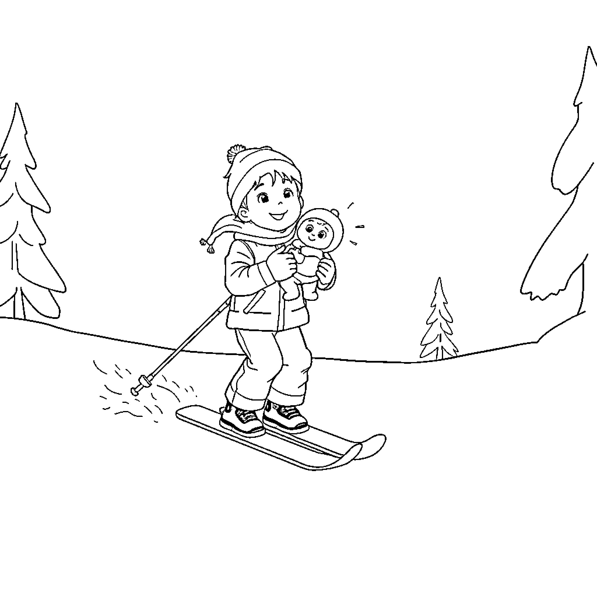 Boy skiing happily with snowman in the snow Coloring Page (free black-and-white line drawing printable PDF for all, from beginners to advanced learners, including children, teens, adults, and seniors)