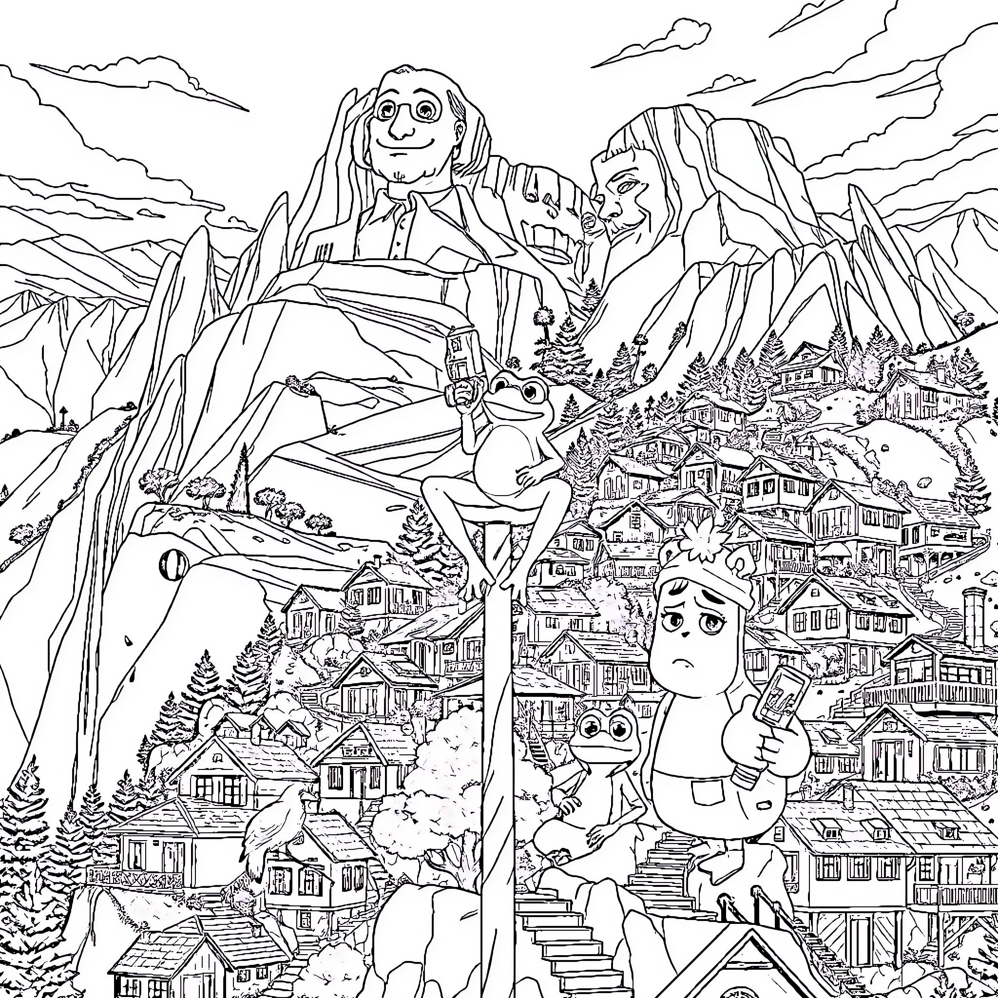 Pepe's Fantastical Adventure in the Mountainous Village Coloring Page (free black-and-white line drawing printable PDF for all, from beginners to advanced learners, including children, teens, adults, and seniors)