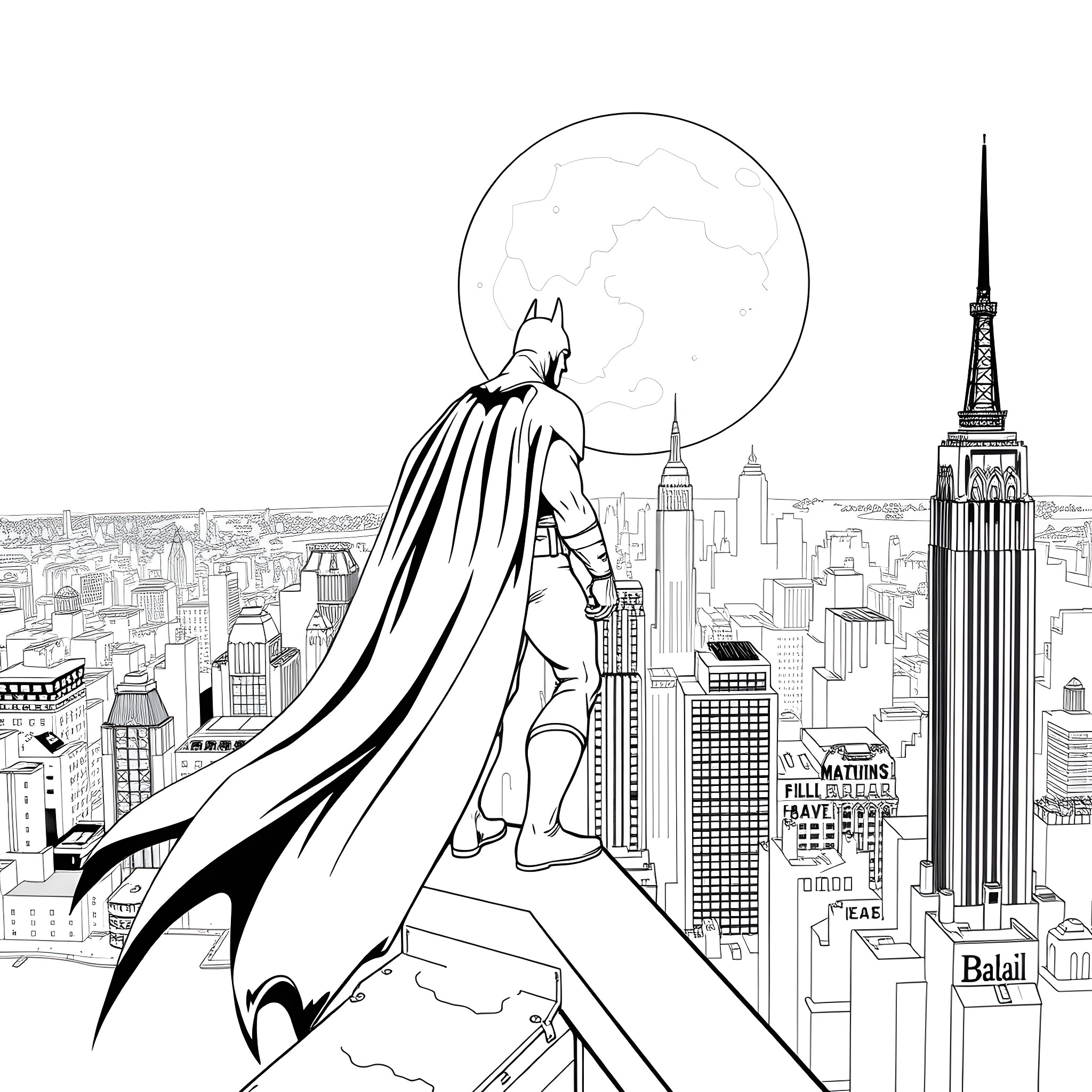 Batman overlooking the bustling city skyline Coloring Page (free black-and-white line drawing printable PDF for all, from beginners to advanced learners, including children, teens, adults, and seniors)