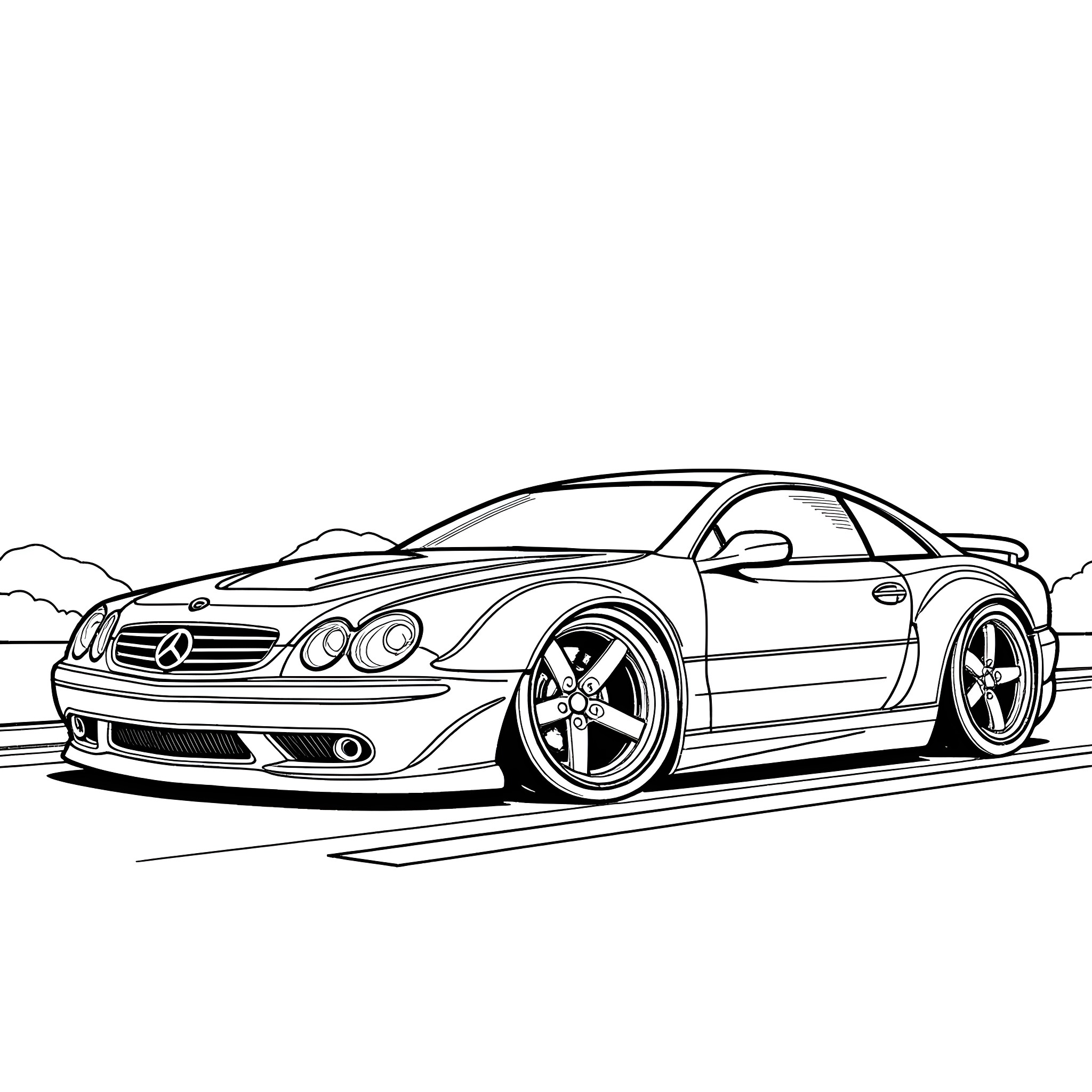 Lowrider with sleek design and custom wheels Coloring Page (free black-and-white line drawing printable PDF for all, from beginners to advanced learners, including children, teens, adults, and seniors)