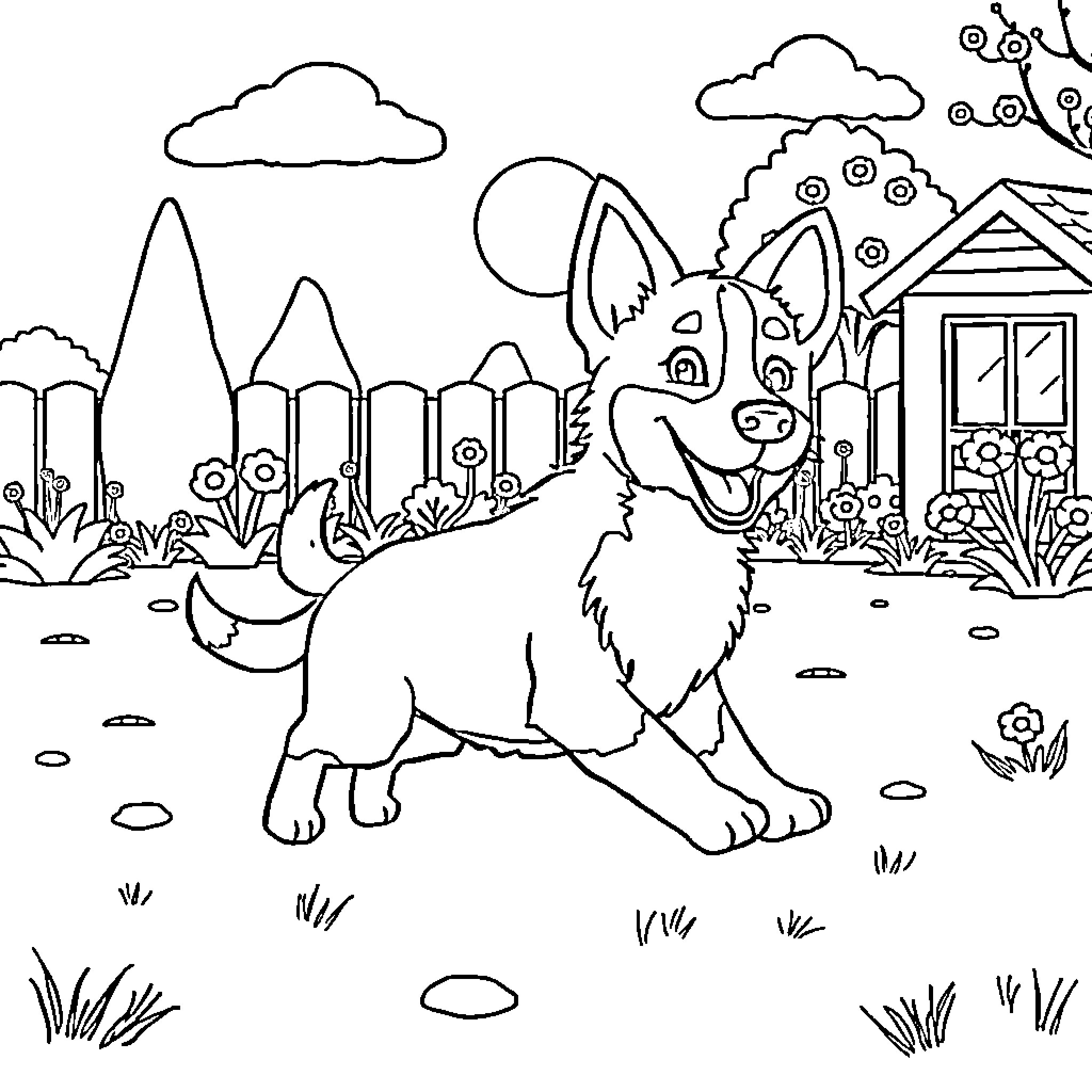 Bluey enjoying a day outdoors with nature Coloring Page (free black-and-white line drawing printable PDF for all, from beginners to advanced learners, including children, teens, adults, and seniors)