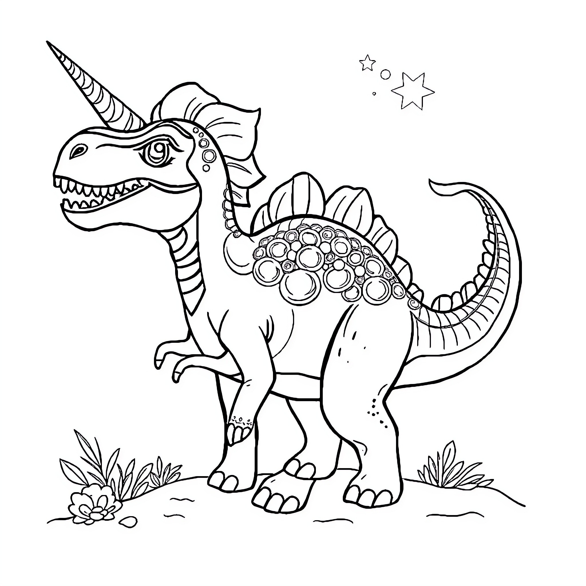 Dinosaur with Ornate Patterns in Nature Coloring Page (free black-and-white line drawing printable PDF for all, from beginners to advanced learners, including children, teens, adults, and seniors)