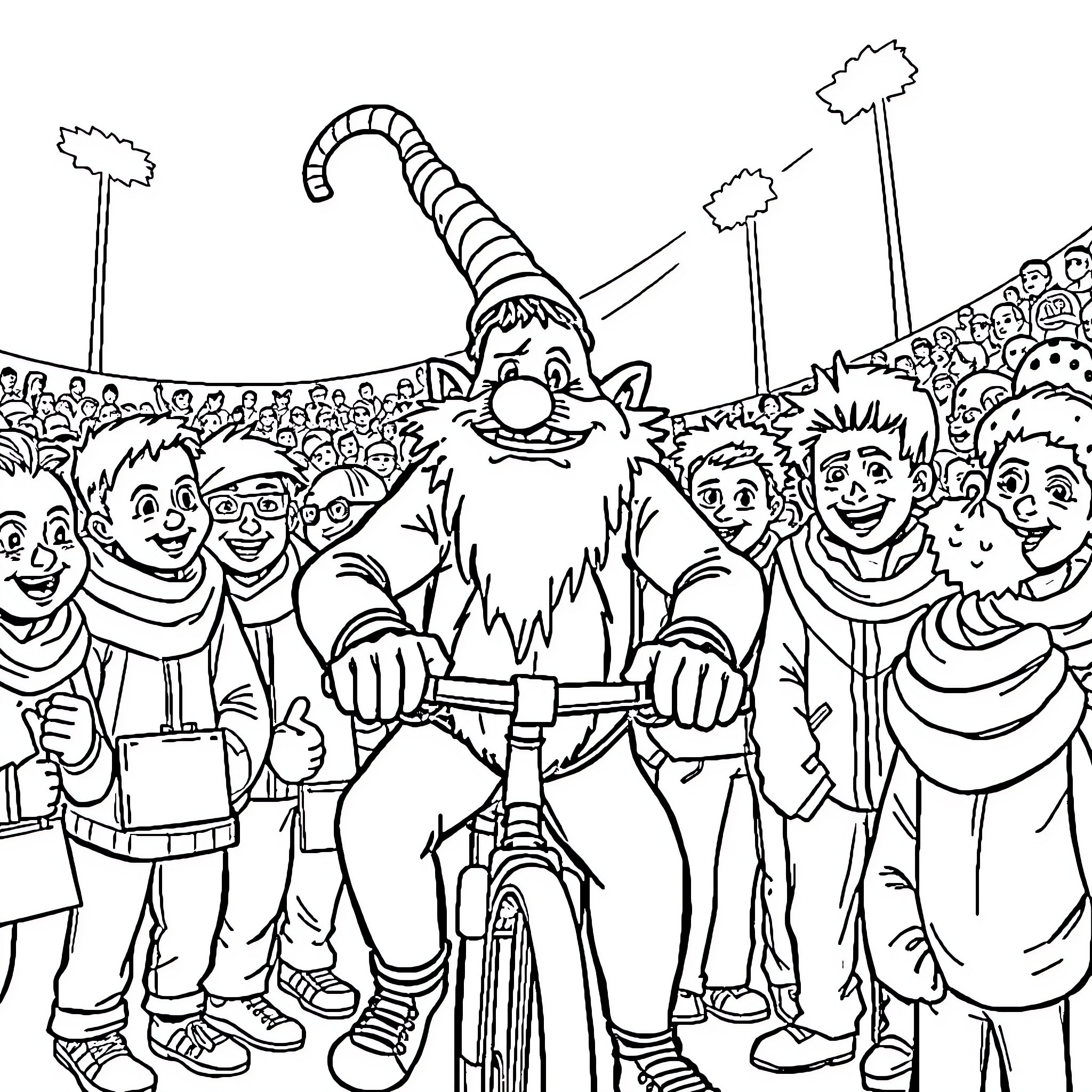 Lutin riding bicycle among cheering crowd Coloring Page (free black-and-white line drawing printable PDF for all, from beginners to advanced learners, including children, teens, adults, and seniors)