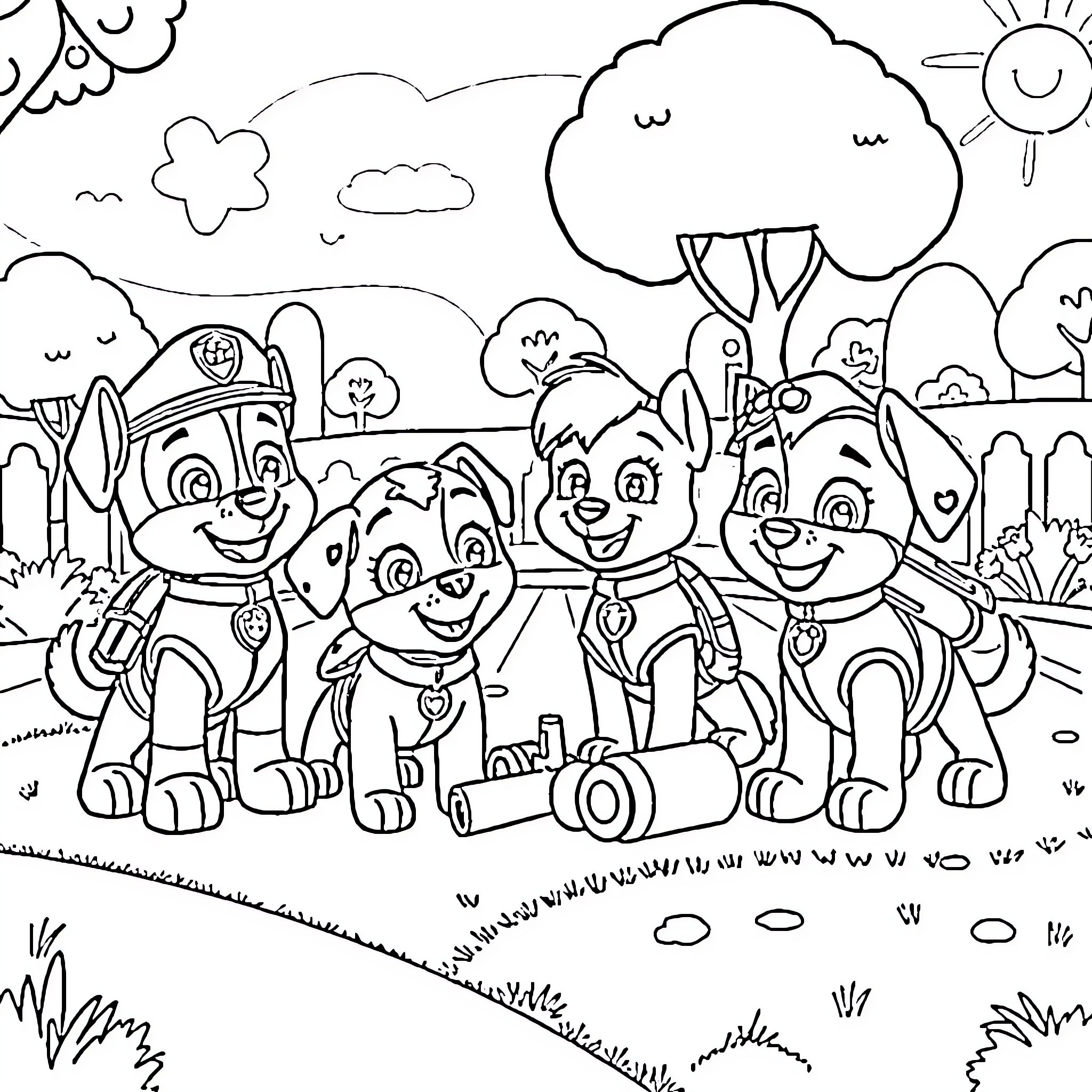 Paw Patrol characters on an outdoor adventure Coloring Page (free black-and-white line drawing printable PDF for all, from beginners to advanced learners, including children, teens, adults, and seniors)