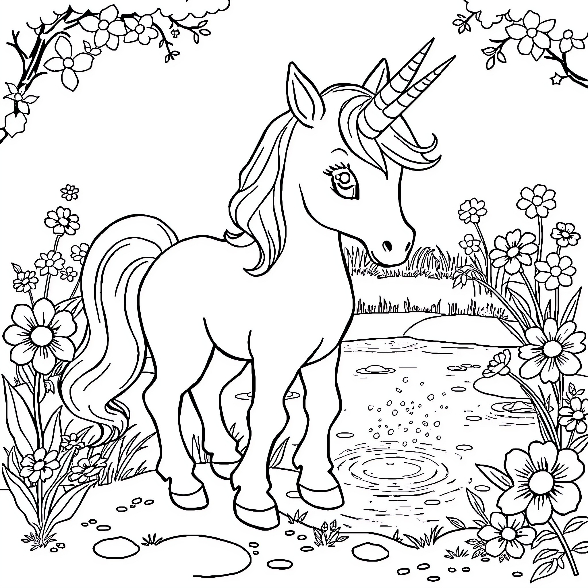 Unicorn in a Magical Flower Garden Coloring Page (free black-and-white line drawing printable PDF for all, from beginners to advanced learners, including children, teens, adults, and seniors)