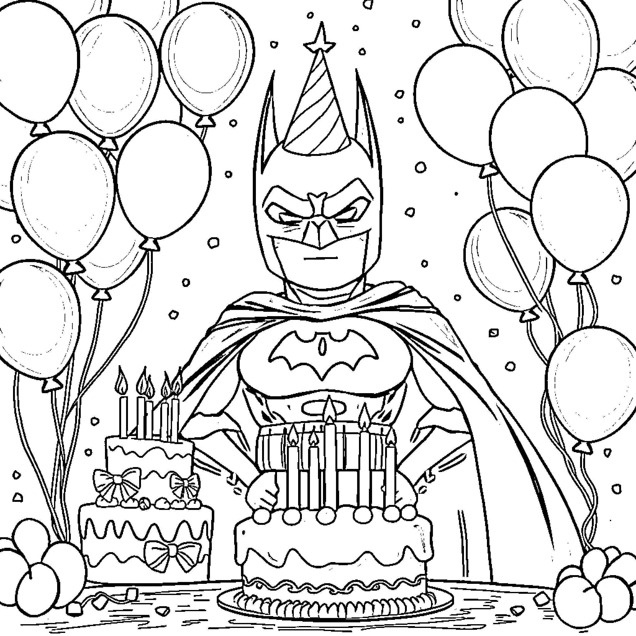 Batman celebrating his birthday with balloons and cake Coloring Page (free black-and-white line drawing printable PDF for all, from beginners to advanced learners, including children, teens, adults, and seniors)