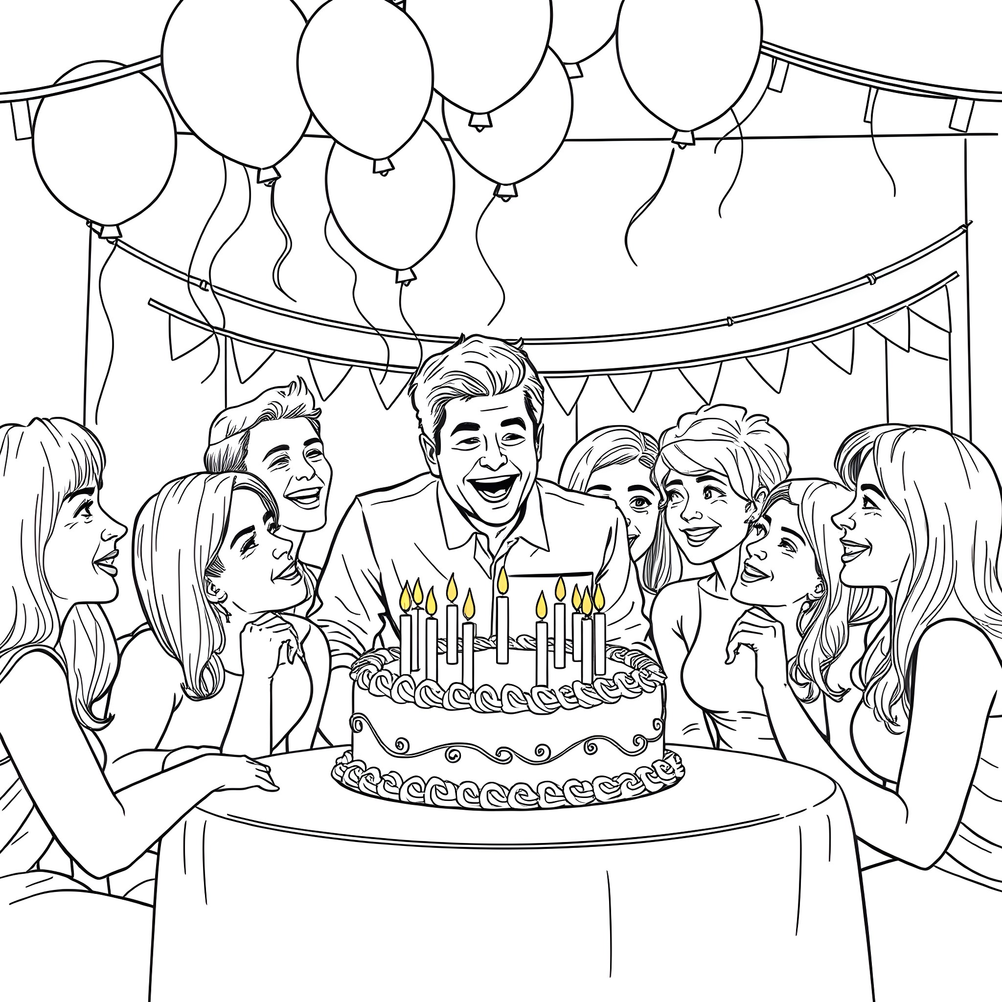 Leon Kennedy's Birthday Celebration with Friends Coloring Page (free black-and-white line drawing printable PDF for all, from beginners to advanced learners, including children, teens, adults, and seniors)