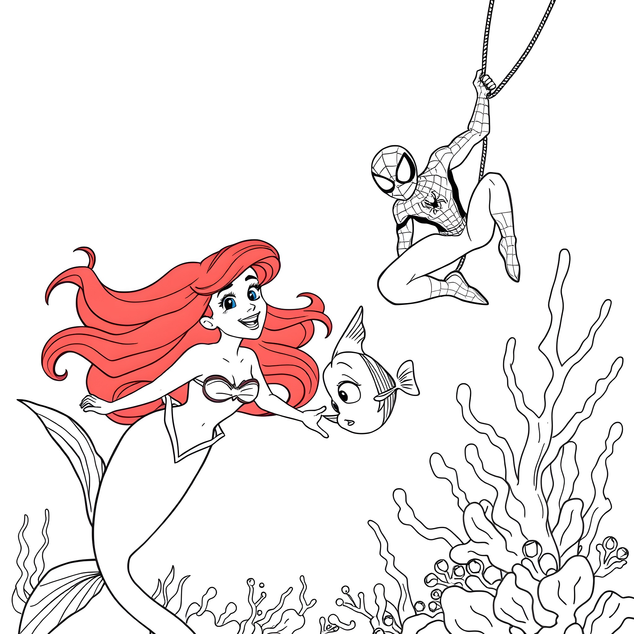 Ariel and Spider-Man explore the underwater world Coloring Page (free black-and-white line drawing printable PDF for all, from beginners to advanced learners, including children, teens, adults, and seniors)