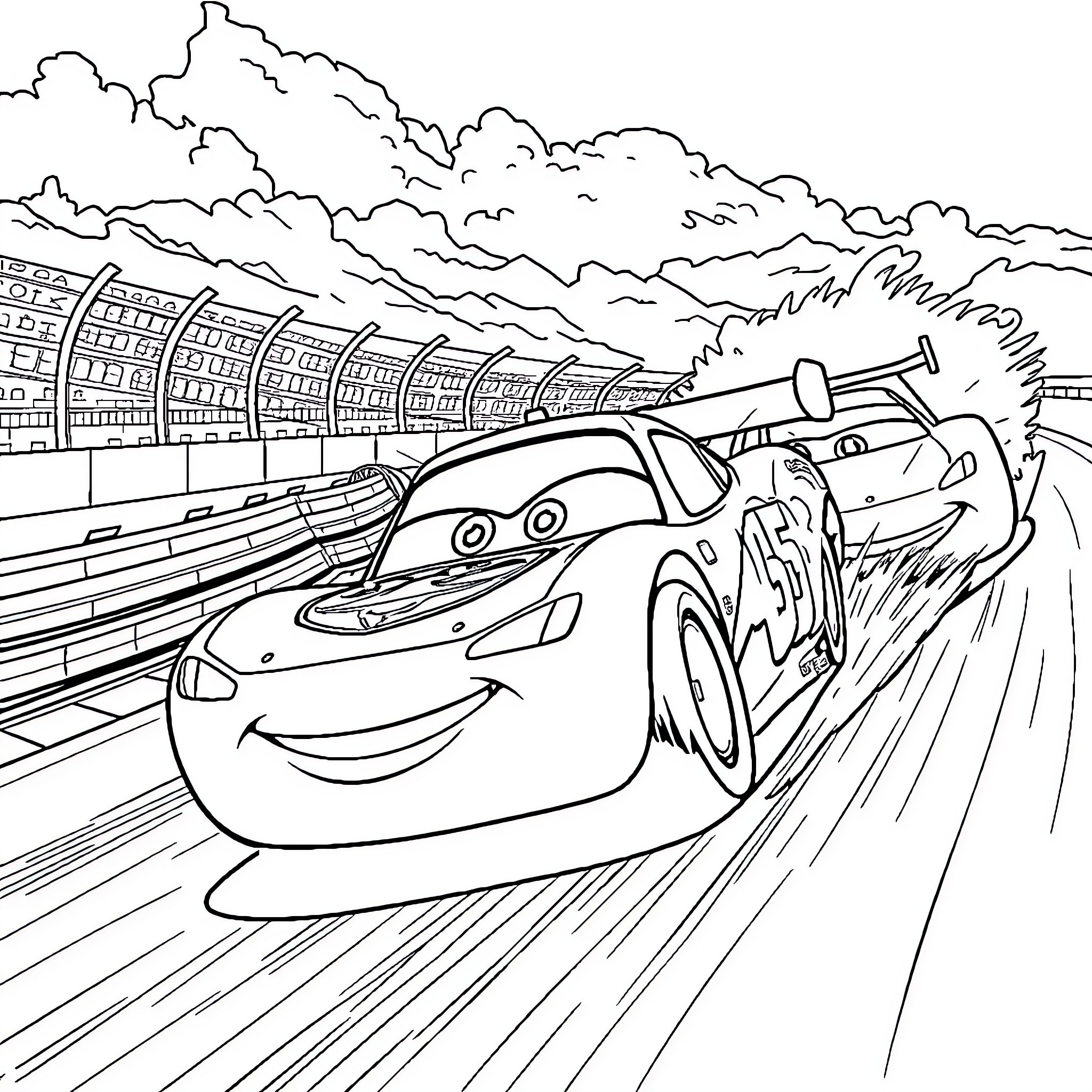 Flash McQueen racing on the track with speed Coloring Page (free black-and-white line drawing printable PDF for all, from beginners to advanced learners, including children, teens, adults, and seniors)