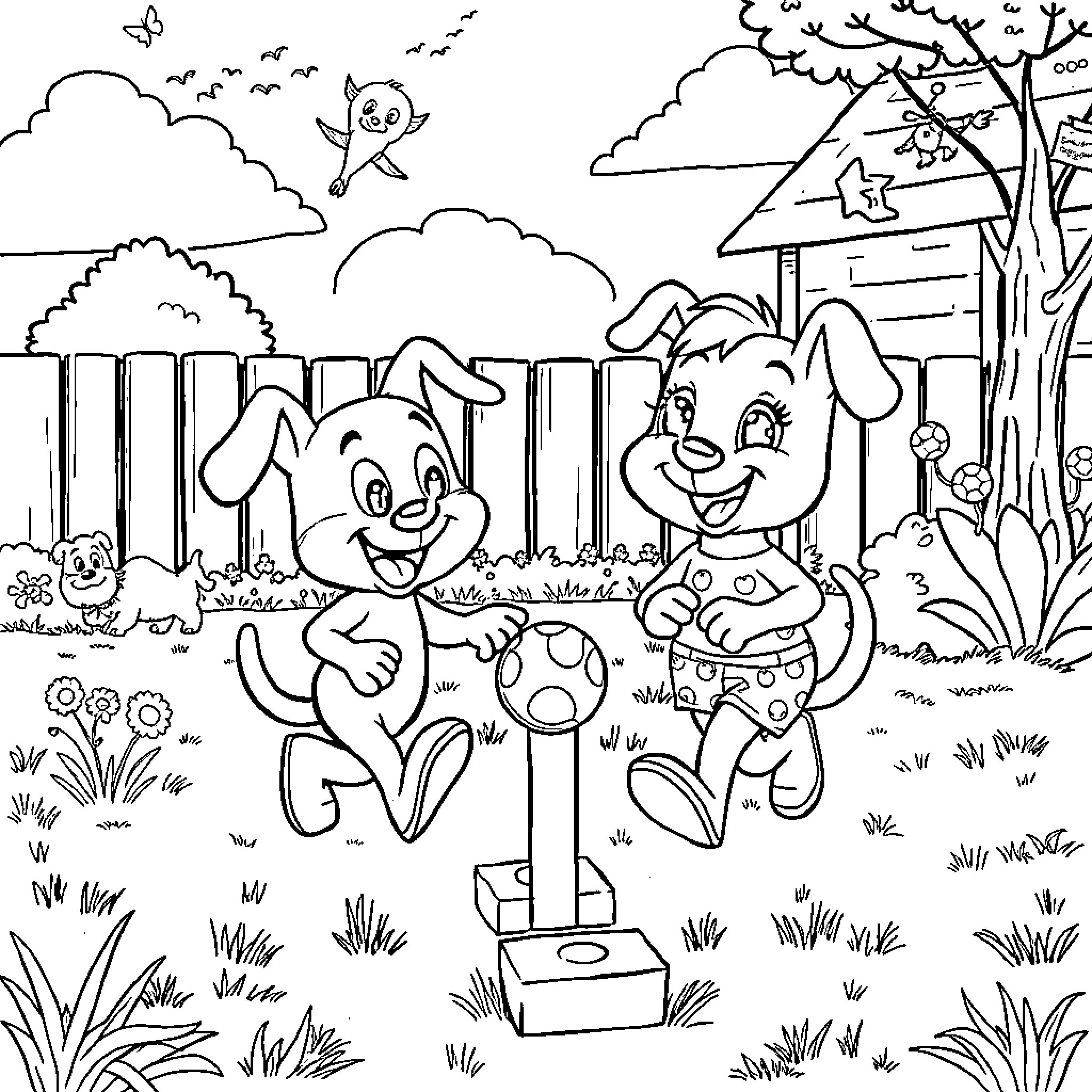 Bluey and Friends Playing in the Backyard Coloring Page (free black-and-white line drawing printable PDF for all, from beginners to advanced learners, including children, teens, adults, and seniors)