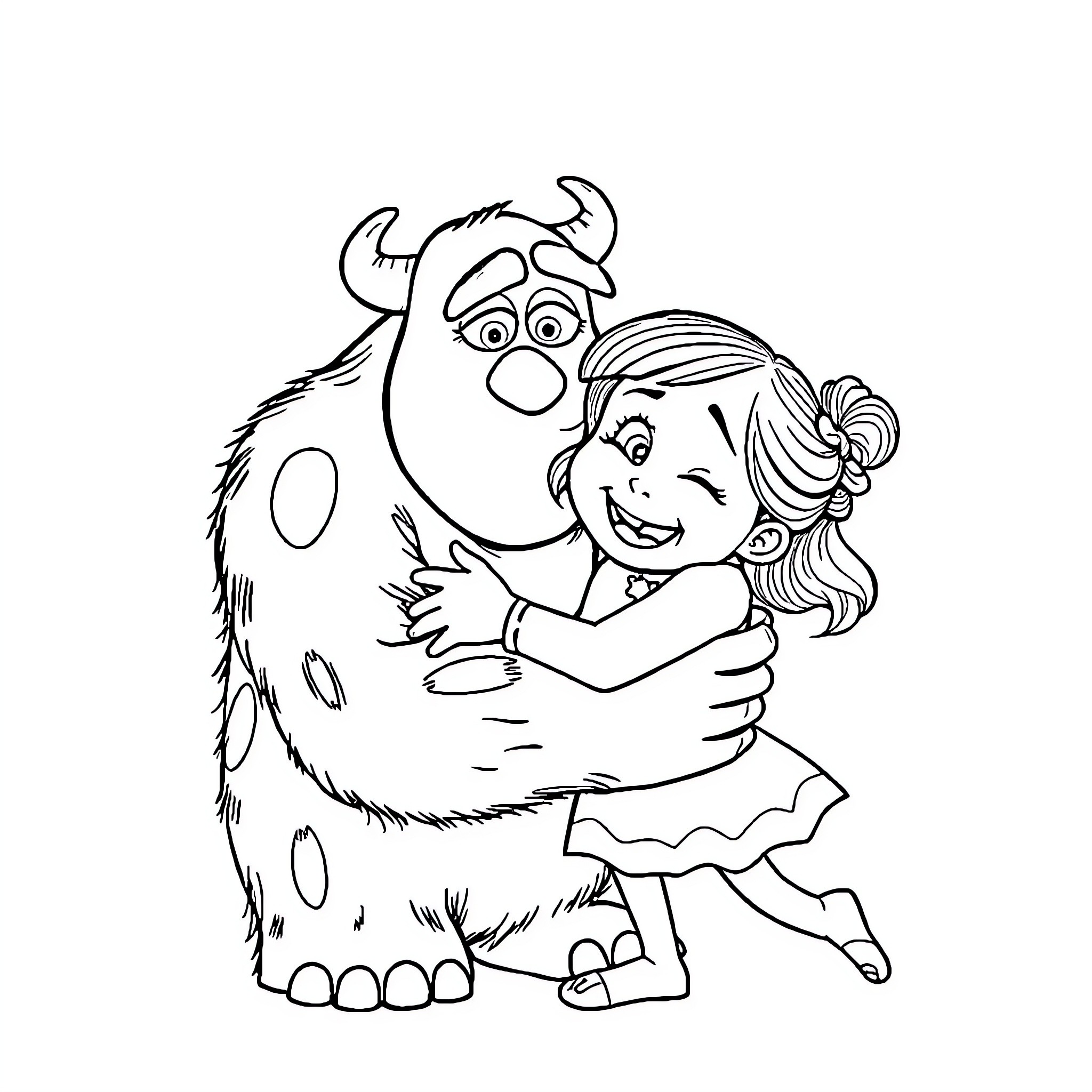 Sully and Girl Embracing Joyfully Coloring Page (free black-and-white line drawing printable PDF for all, from beginners to advanced learners, including children, teens, adults, and seniors)