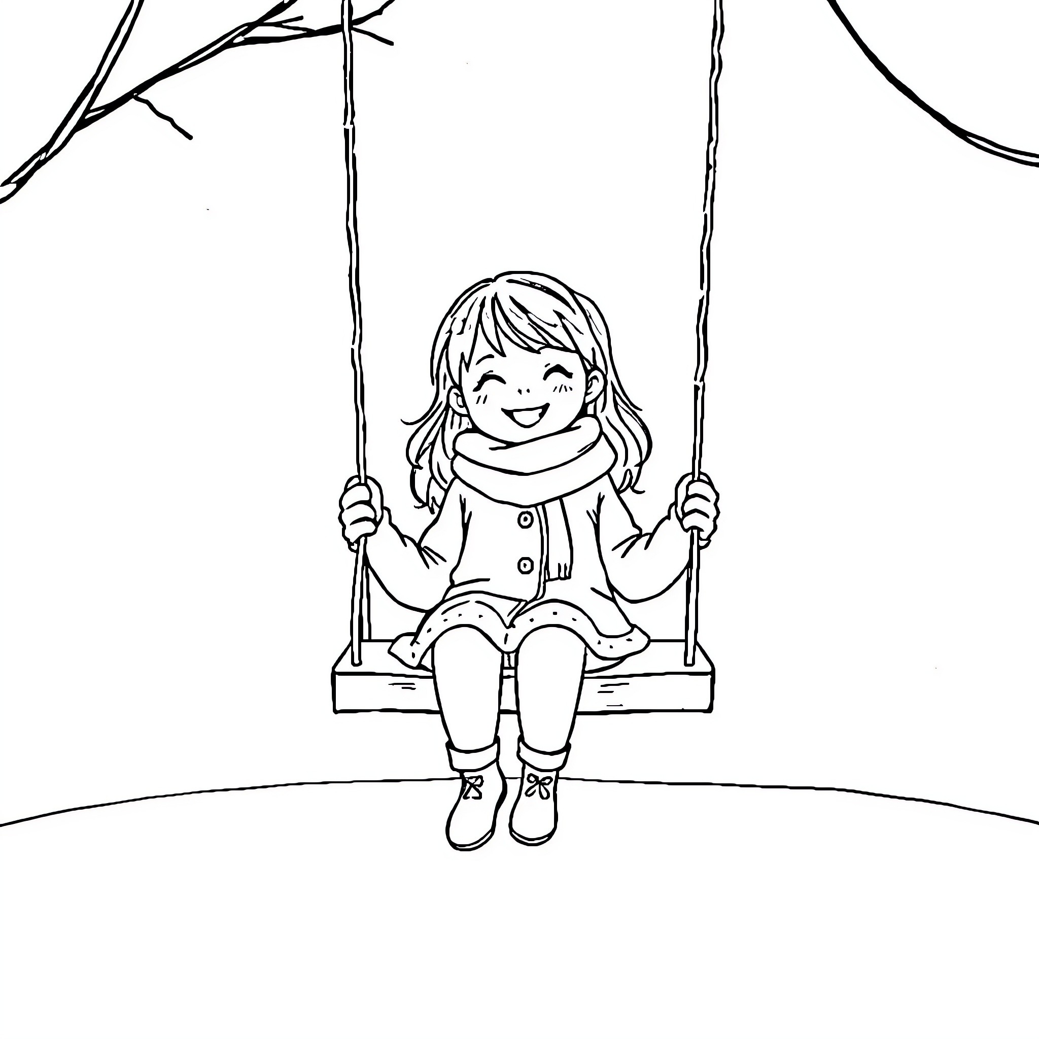 Girl happily swinging on a tree branch Coloring Page (free black-and-white line drawing printable PDF for all, from beginners to advanced learners, including children, teens, adults, and seniors)