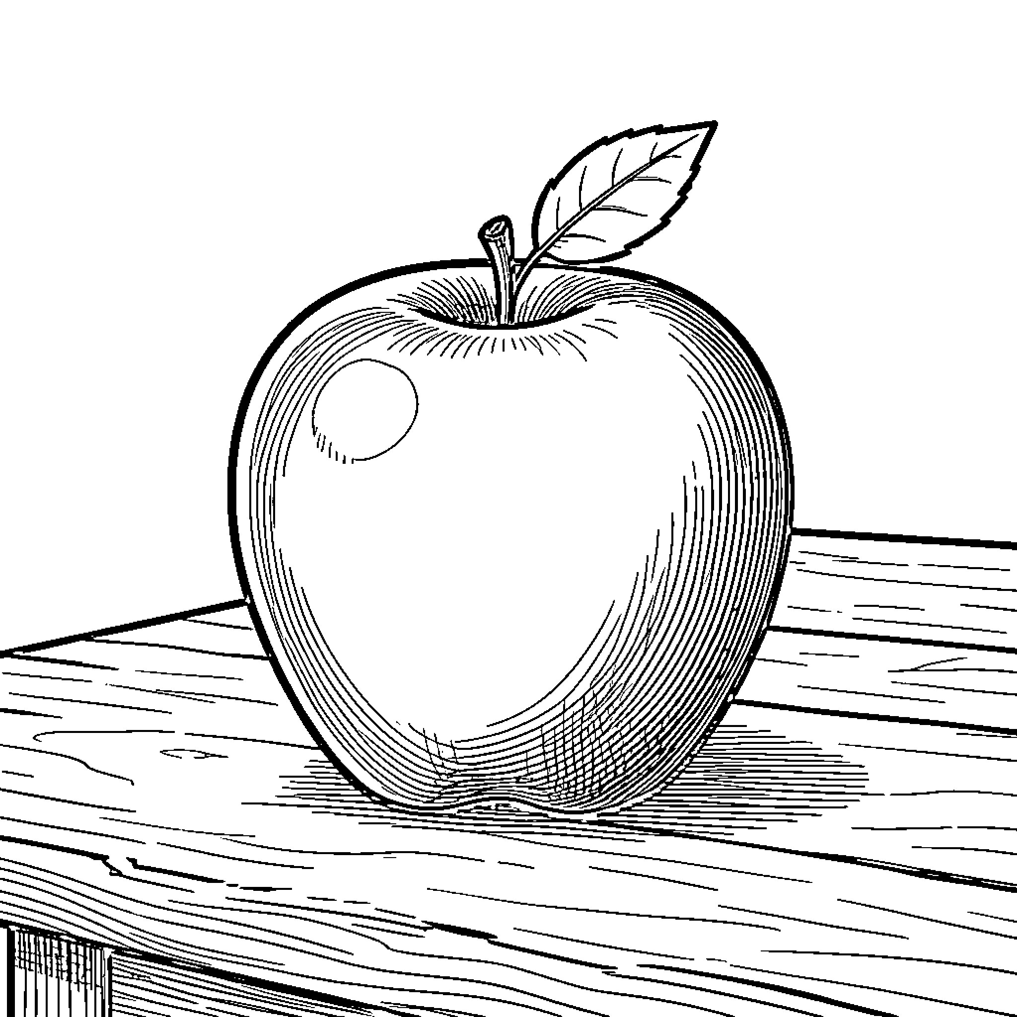 Apple on a wooden table Coloring Page (free black-and-white line drawing printable PDF for all, from beginners to advanced learners, including children, teens, adults, and seniors)