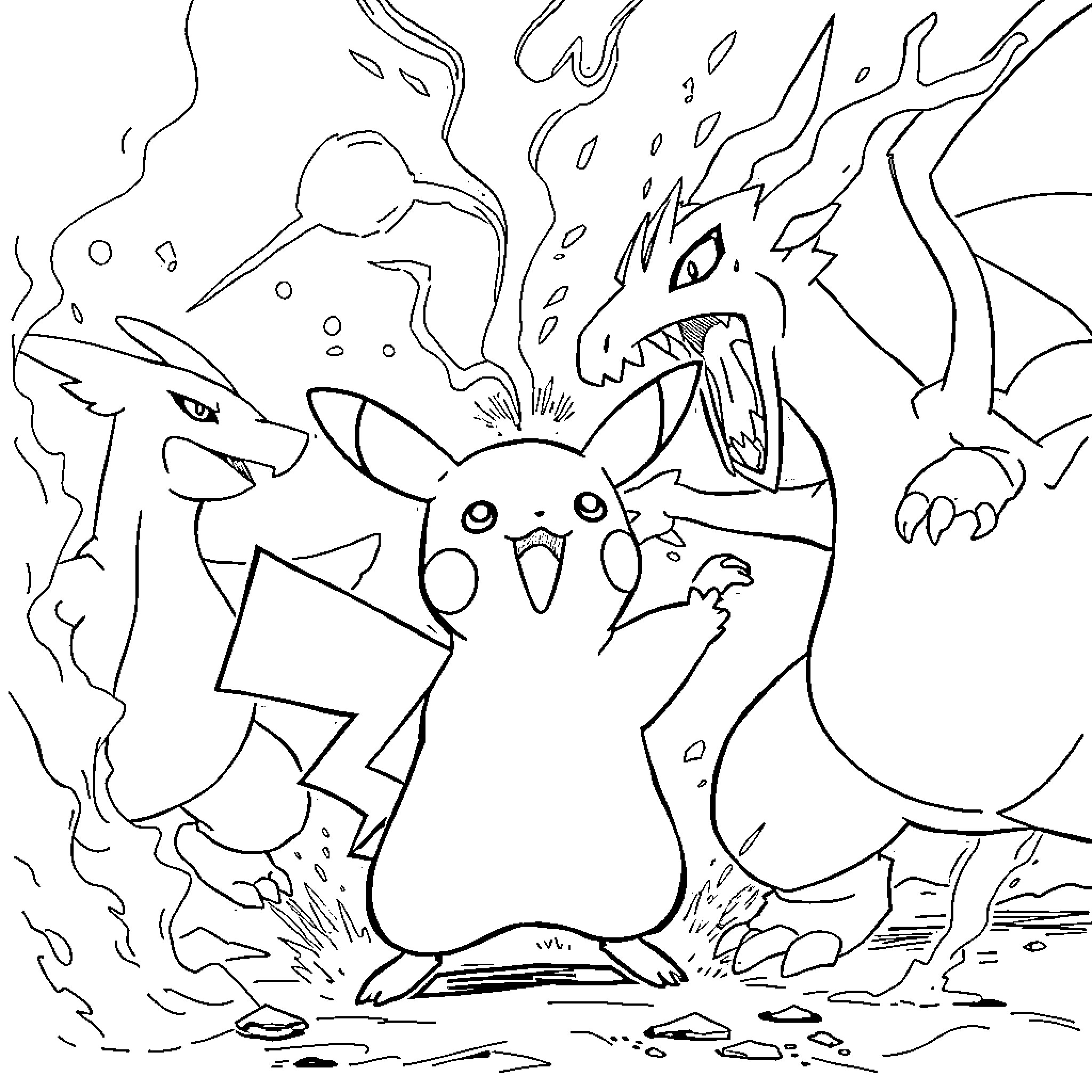Pikachu encountering ferocious monsters Coloring Page (free black-and-white line drawing printable PDF for all, from beginners to advanced learners, including children, teens, adults, and seniors)