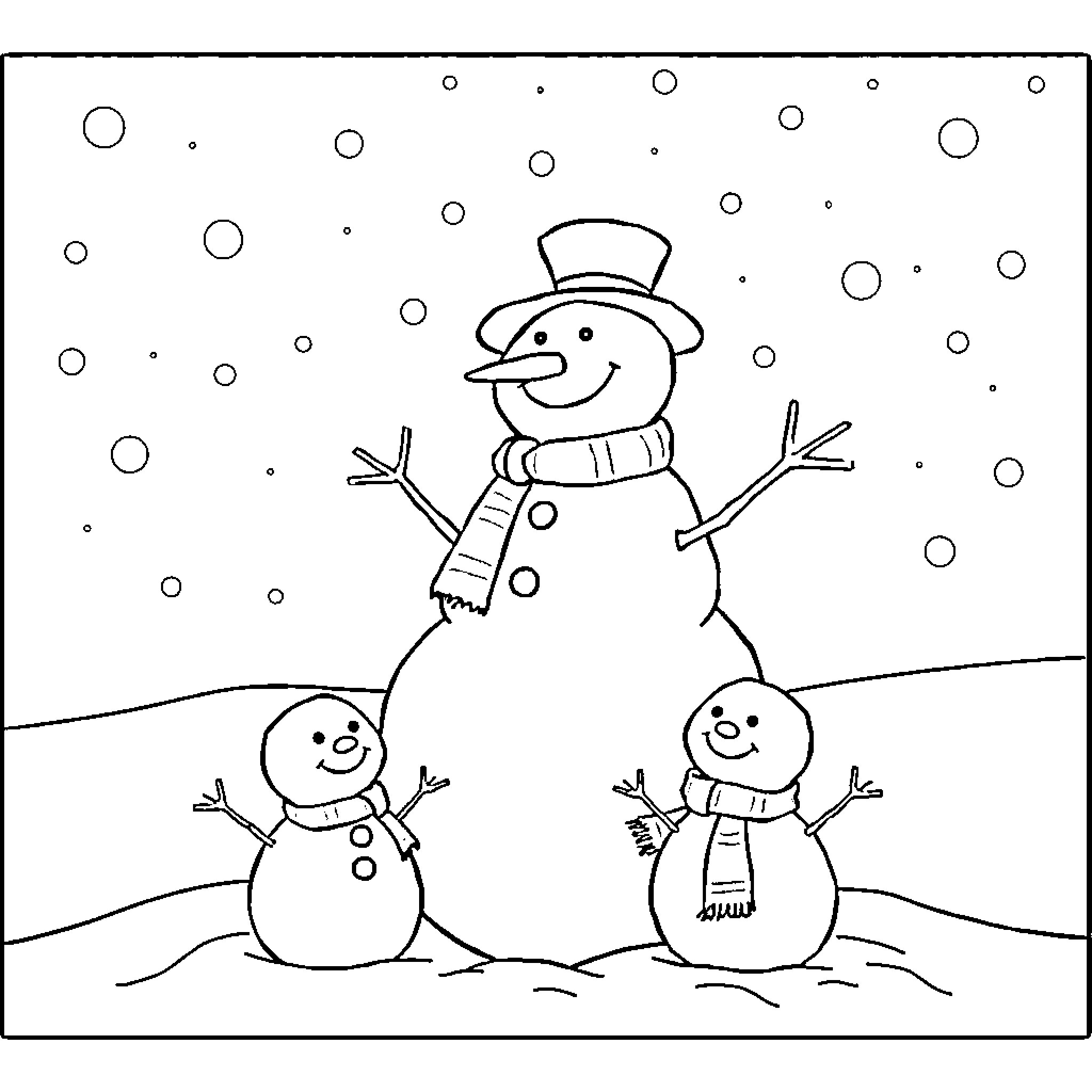 Snowman building with friends in the snow Coloring Page (free black-and-white line drawing printable PDF for all, from beginners to advanced learners, including children, teens, adults, and seniors)