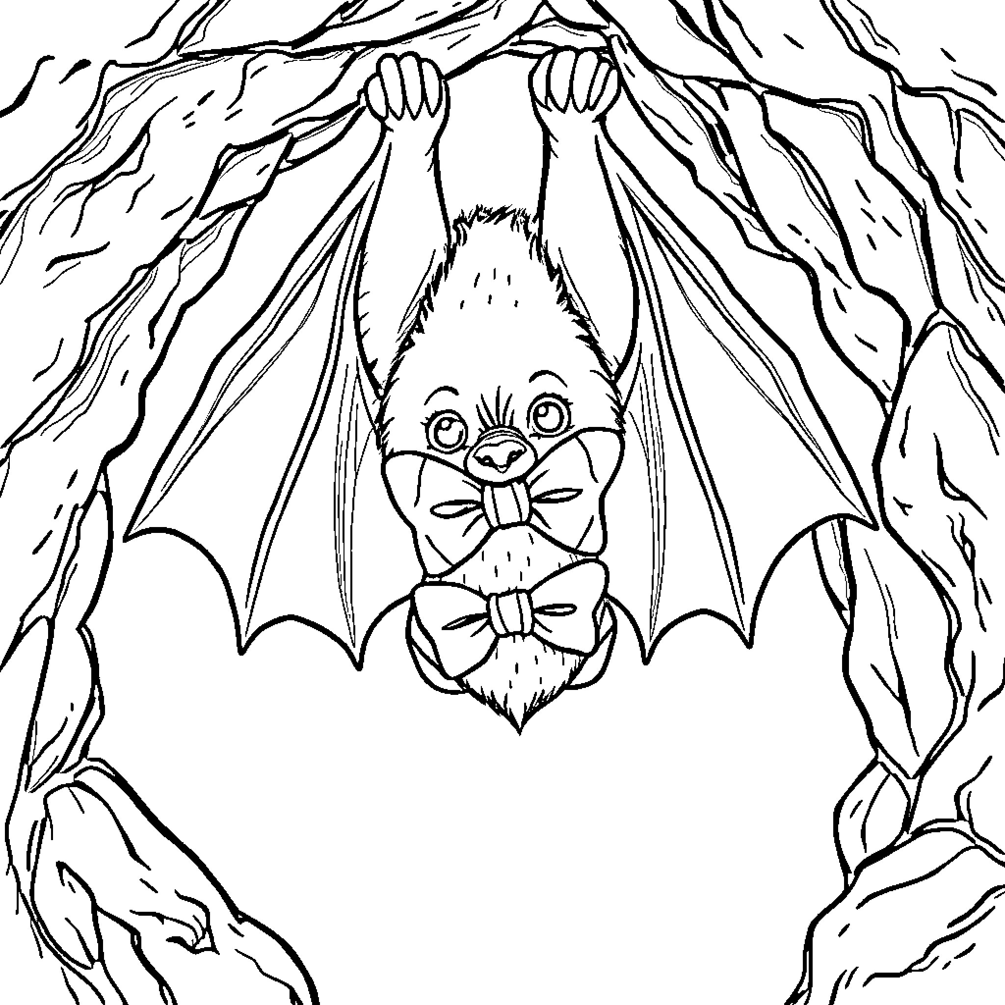 Bat hanging from tree branches Coloring Page (free black-and-white line drawing printable PDF for all, from beginners to advanced learners, including children, teens, adults, and seniors)