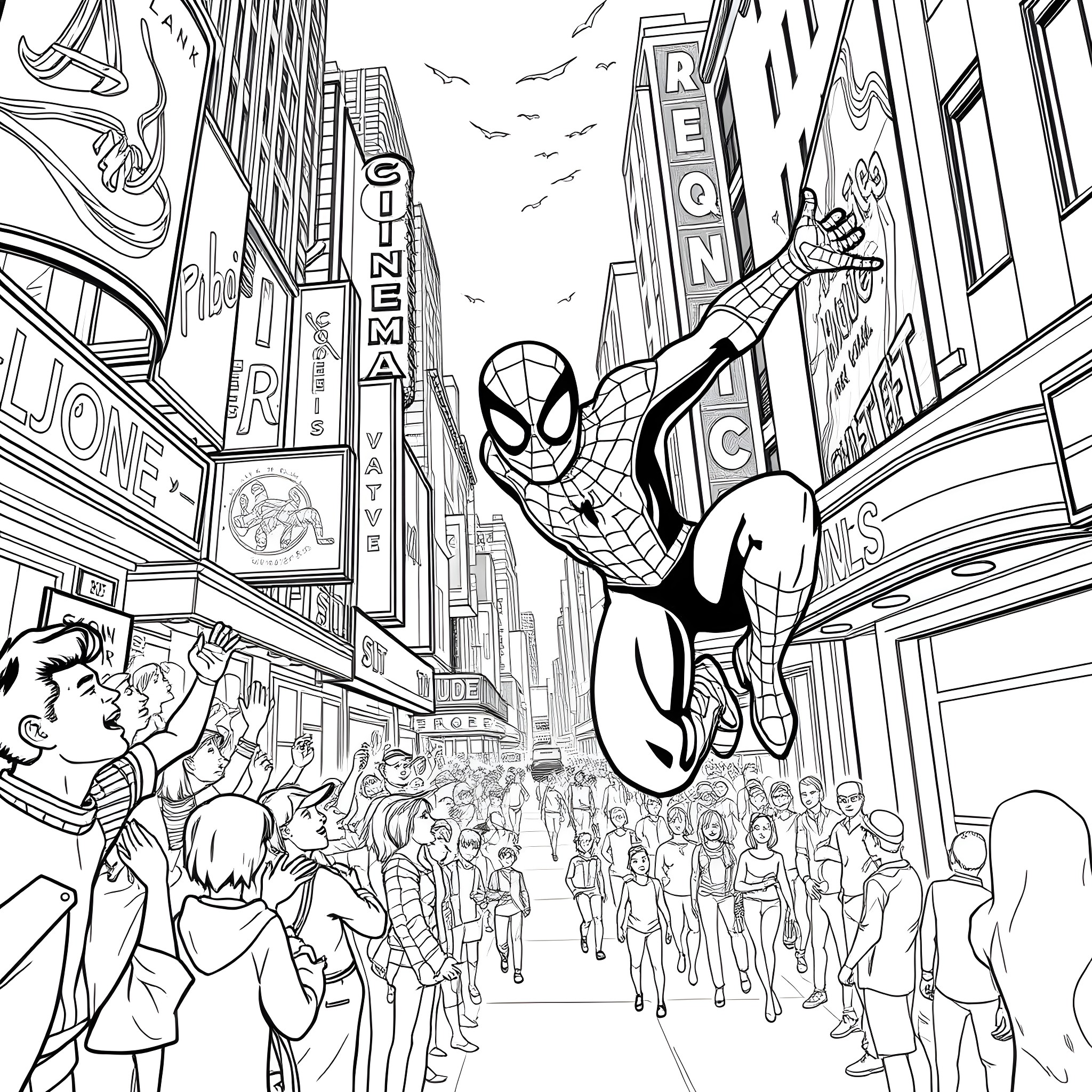 Spiderman swinging through the busy city streets Coloring Page (free black-and-white line drawing printable PDF for all, from beginners to advanced learners, including children, teens, adults, and seniors)