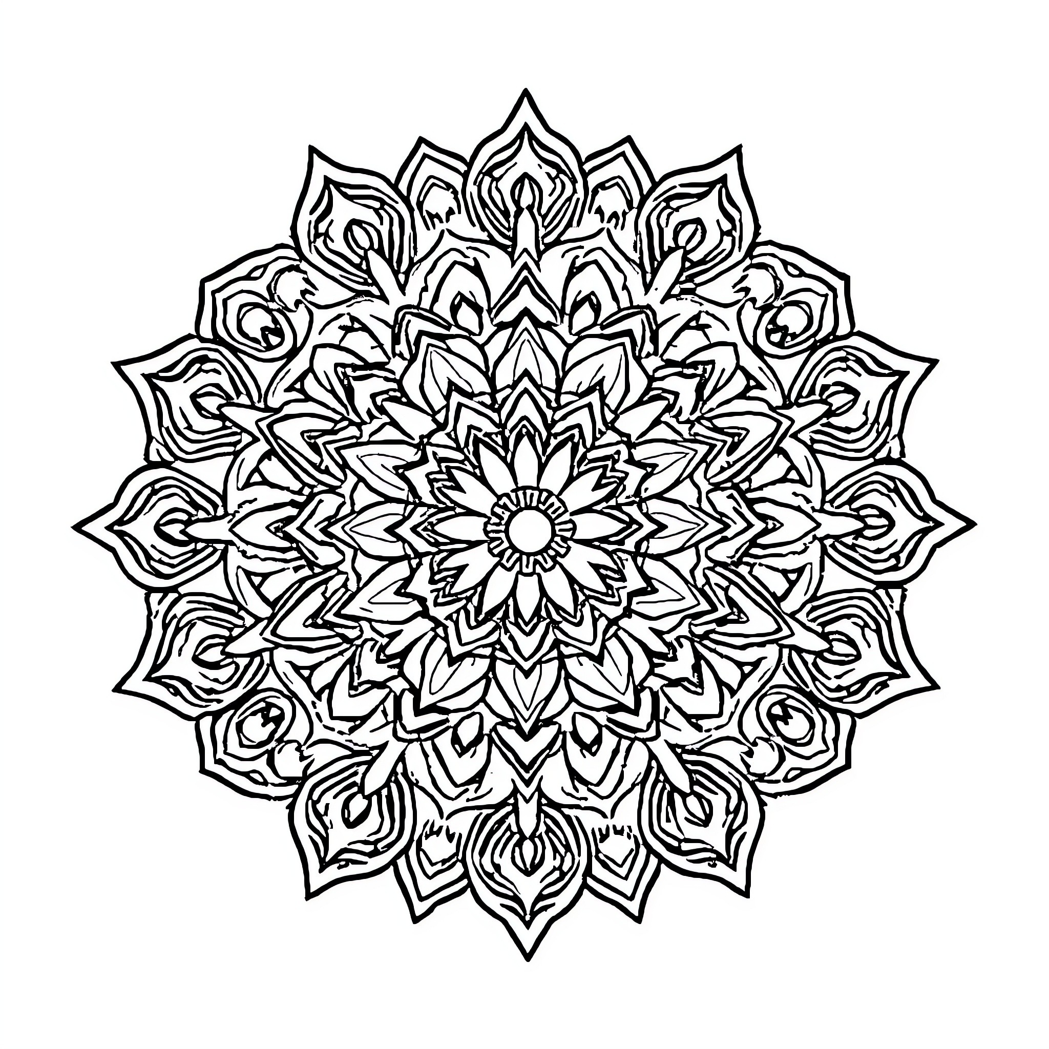 Mandala of intricate floral patterns Coloring Page (free black-and-white line drawing printable PDF for all, from beginners to advanced learners, including children, teens, adults, and seniors)