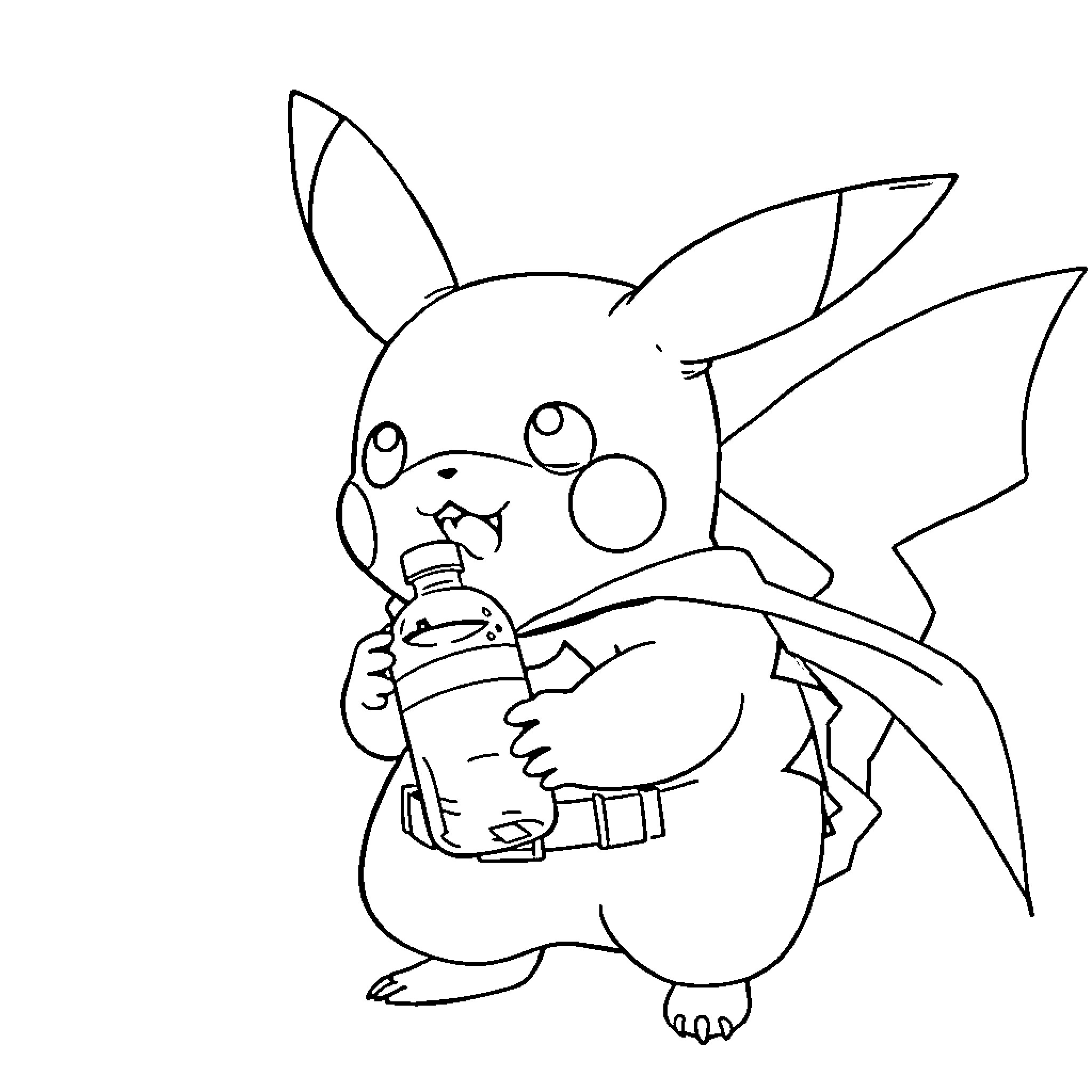 Pikachu holding a soda can Coloring Page (free black-and-white line drawing printable PDF for all, from beginners to advanced learners, including children, teens, adults, and seniors)