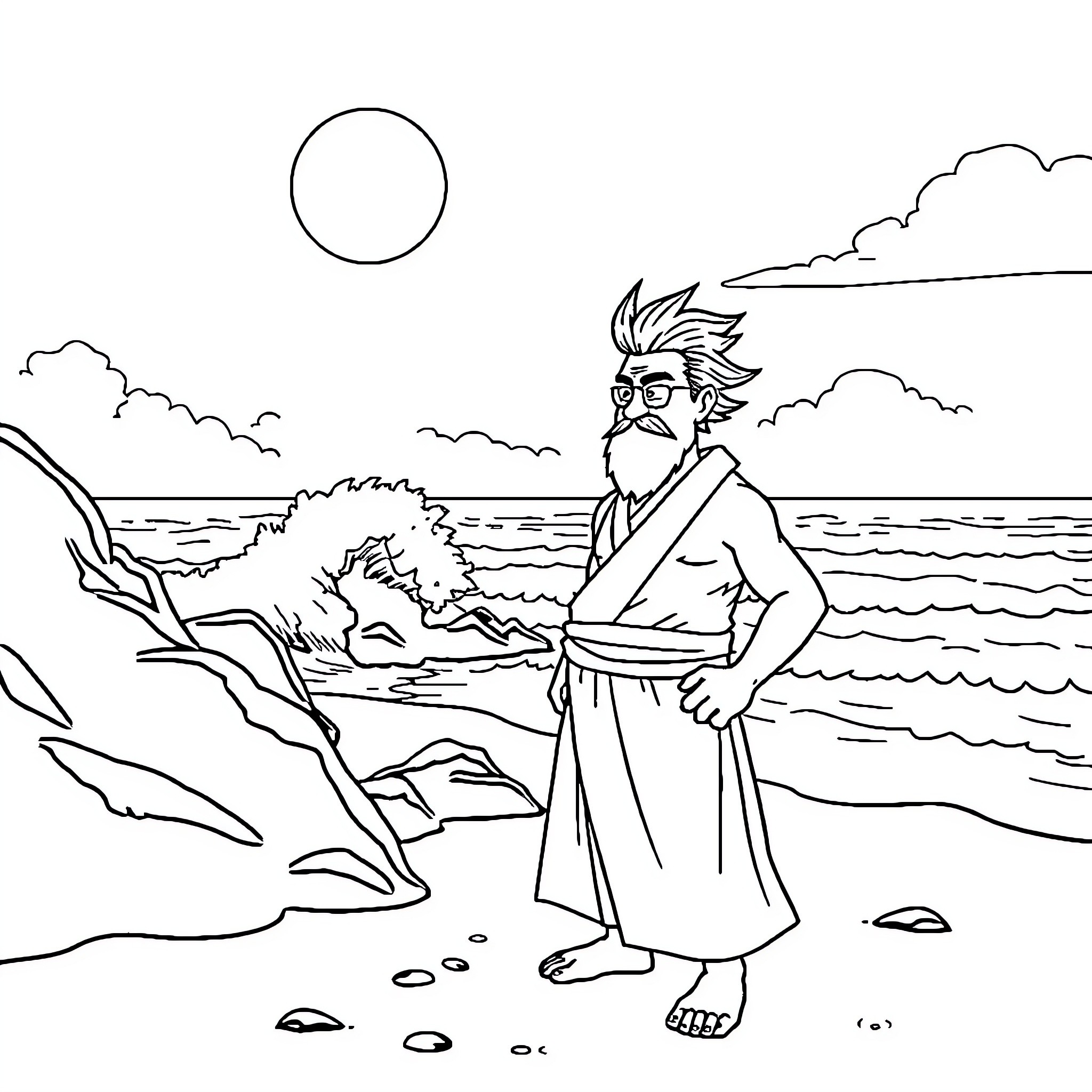 Sangoku ancient sage contemplating the ocean landscape Coloring Page (free black-and-white line drawing printable PDF for all, from beginners to advanced learners, including children, teens, adults, and seniors)