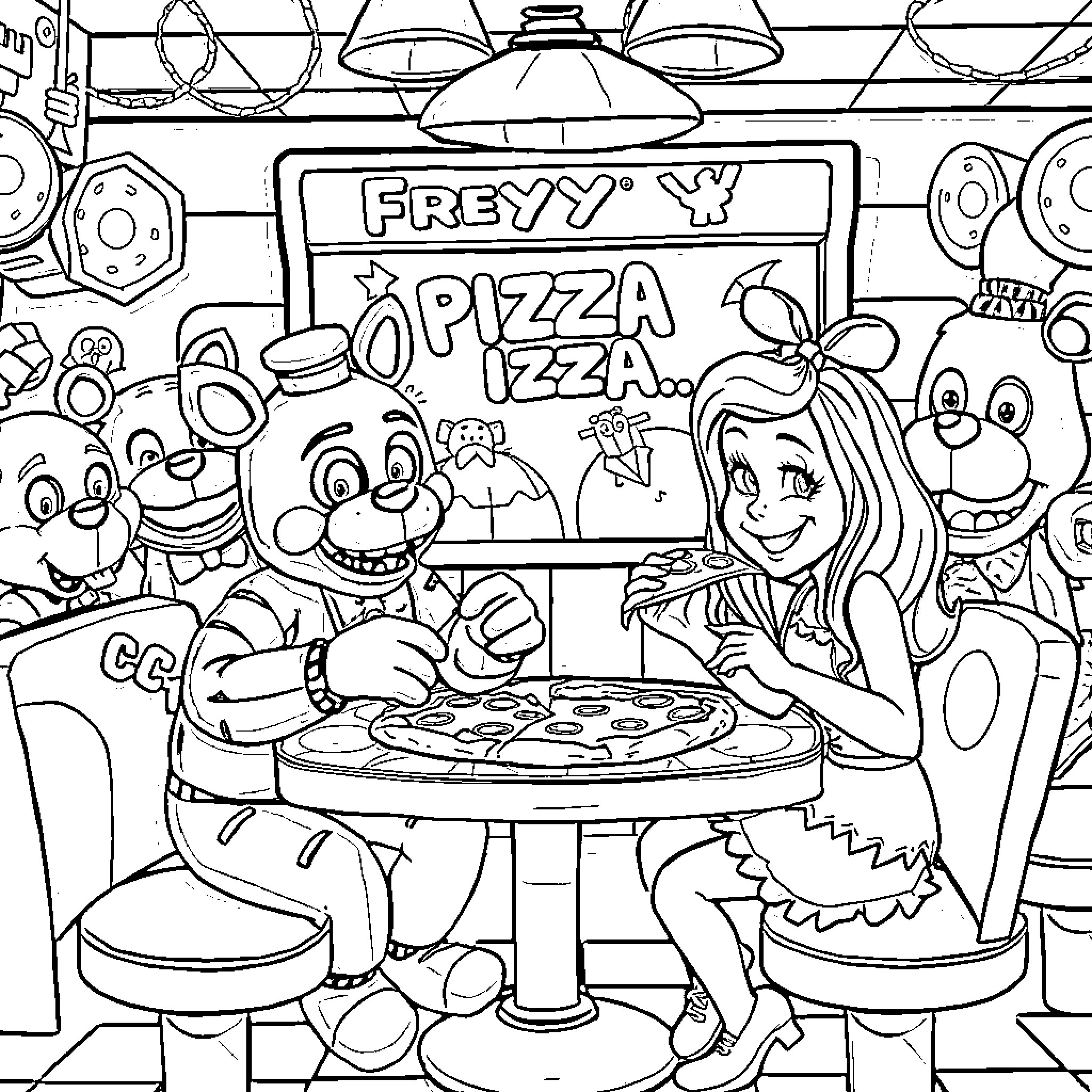 Chica at the Pizza Pizzeria with Friends Coloring Page (free black-and-white line drawing printable PDF for all, from beginners to advanced learners, including children, teens, adults, and seniors)