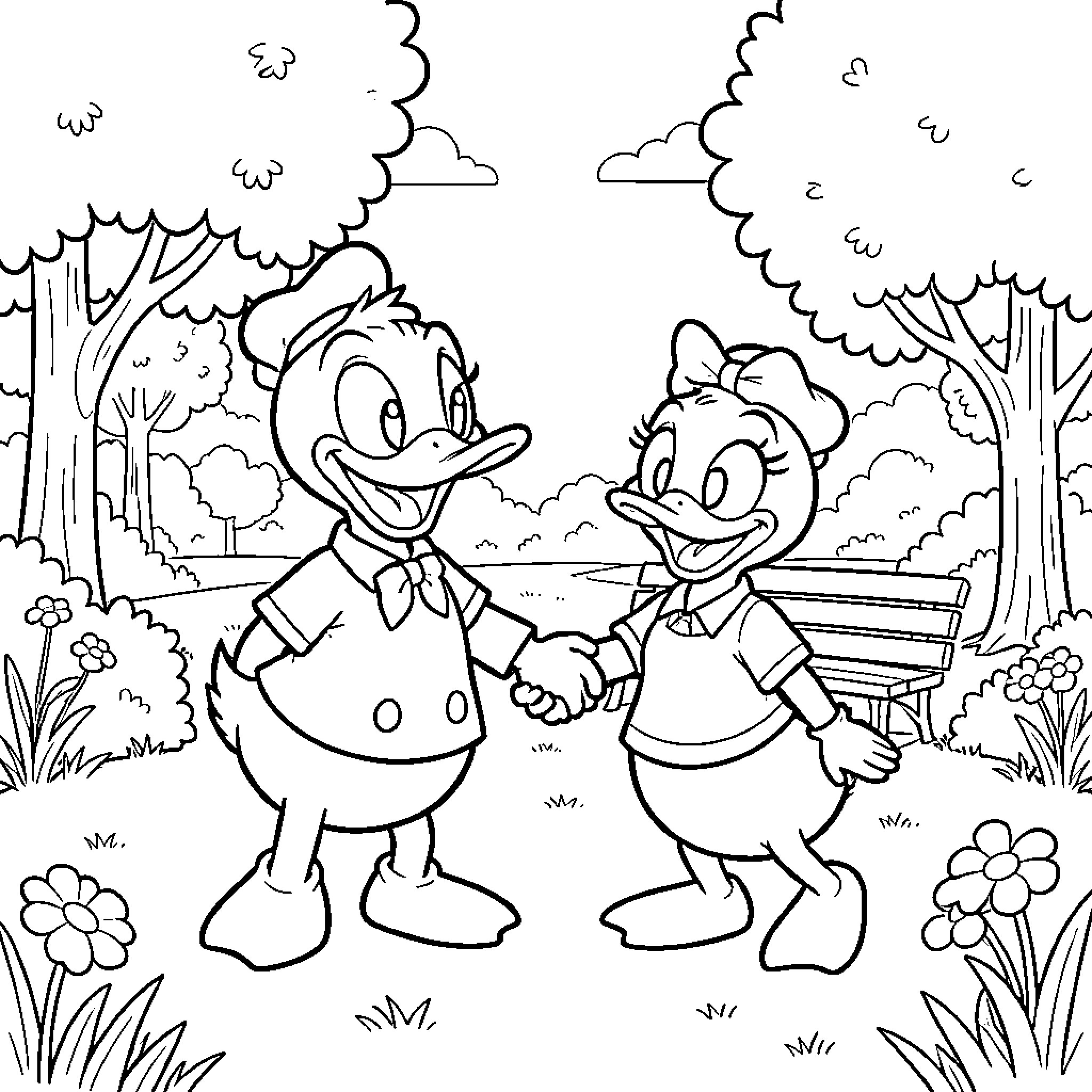 Donald Duck and Daisy Duck's Outdoor Adventure Coloring Page (free black-and-white line drawing printable PDF for all, from beginners to advanced learners, including children, teens, adults, and seniors)