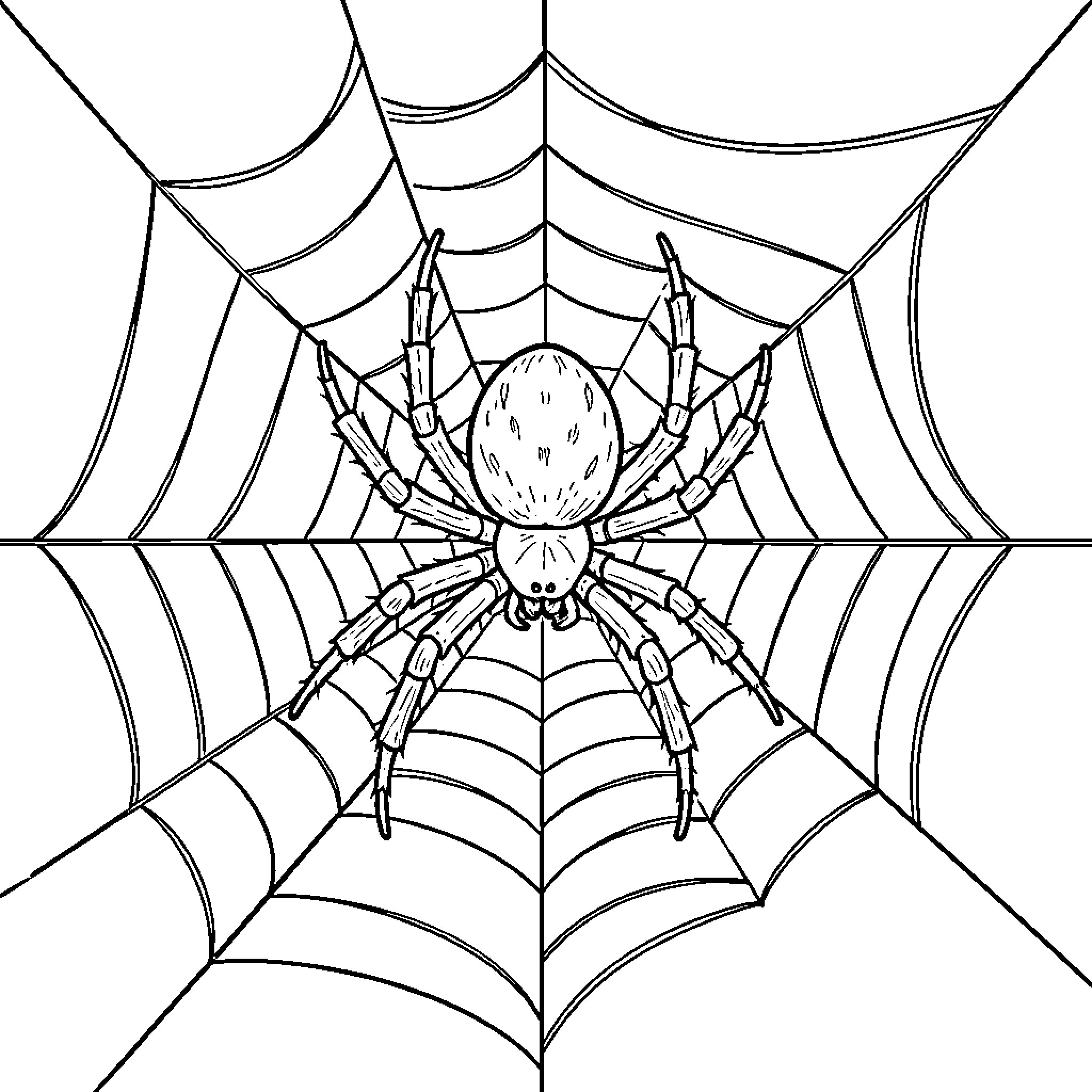 Spider sitting calmly in the center of a web Coloring Page (free black-and-white line drawing printable PDF for all, from beginners to advanced learners, including children, teens, adults, and seniors)