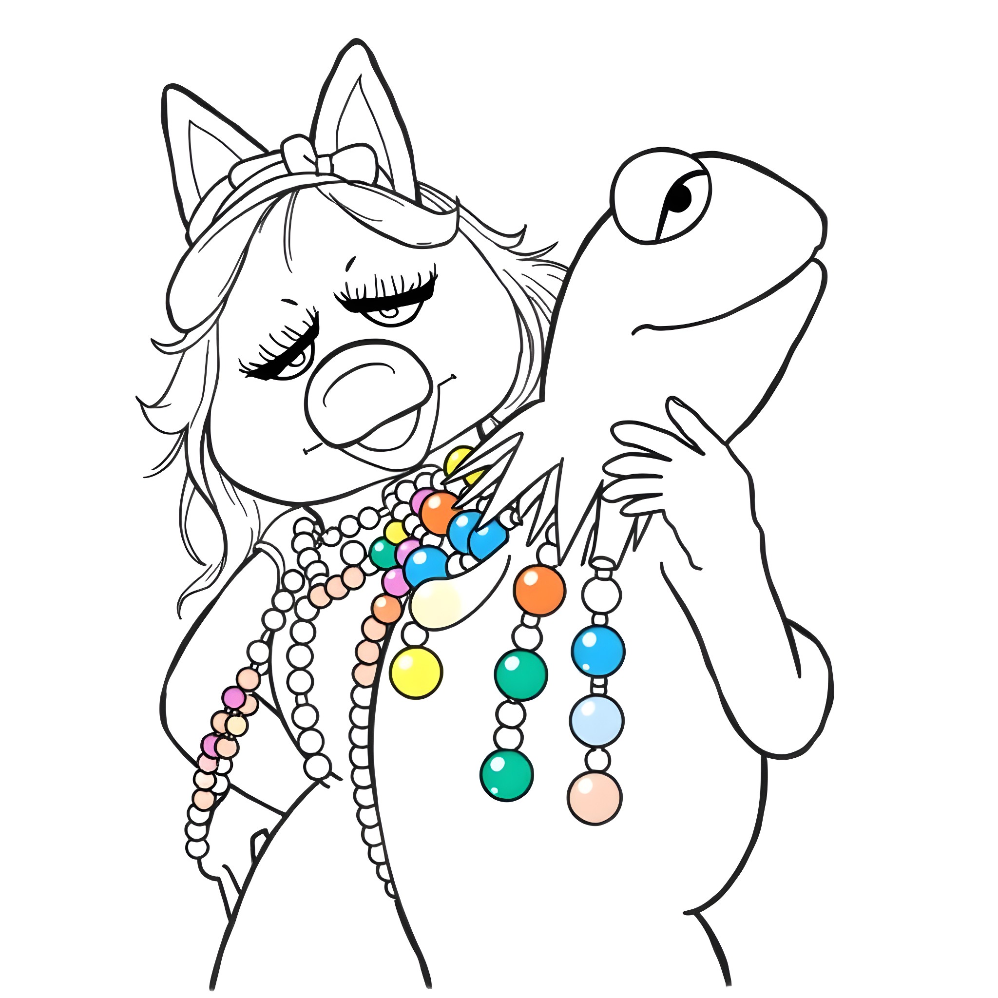 Kermit and Miss Piggy sharing jewelry and accessories Coloring Page (free black-and-white line drawing printable PDF for all, from beginners to advanced learners, including children, teens, adults, and seniors)